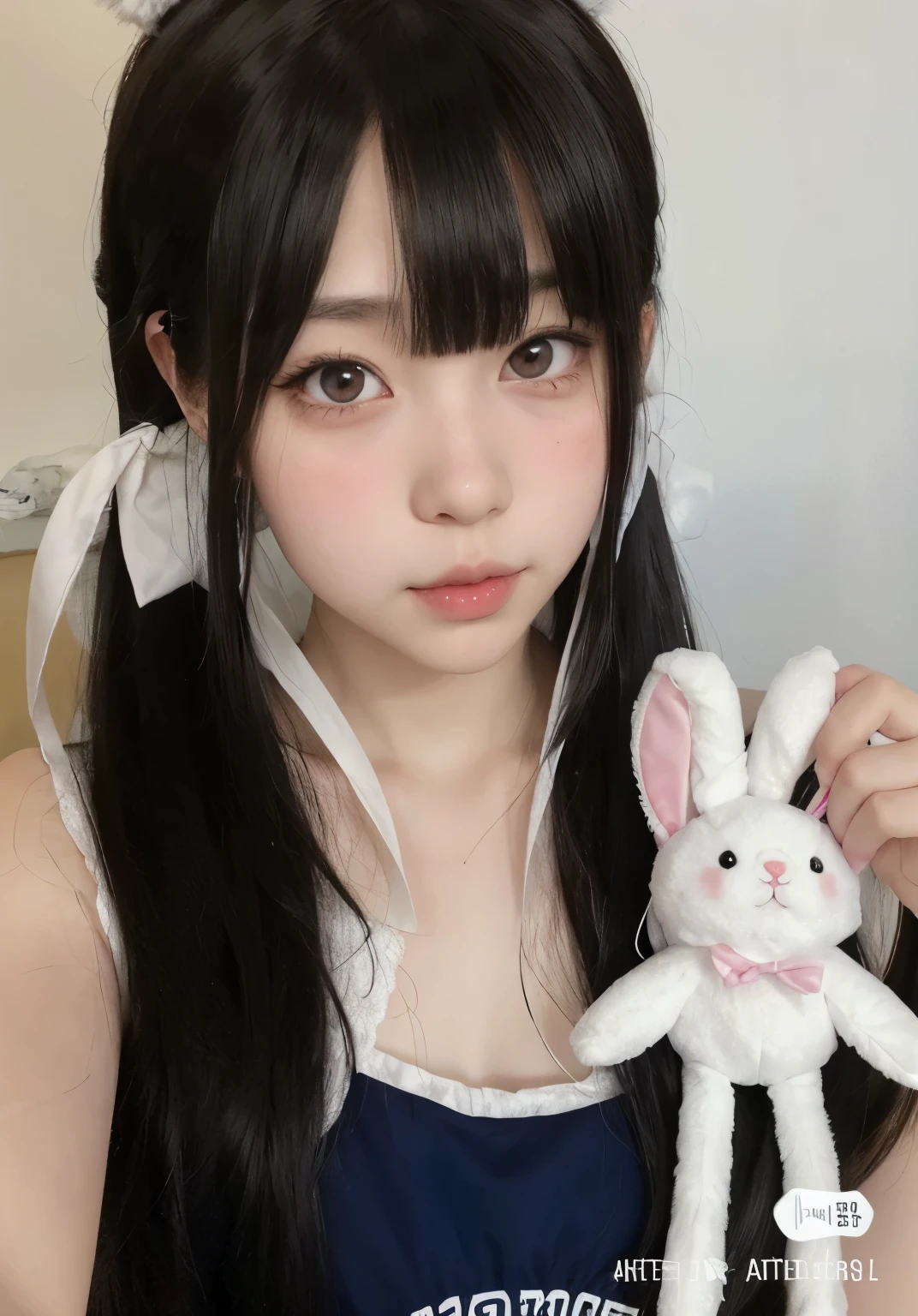 arafed girl with long black hair holding a stuffed rabbit, ultrarealistic sweet bunny girl, anime girl in real life, with big rabbit ears, with long floppy rabbit ears, with bunny ears, with bunny rabbit ears, kawaii realistic portrait, cute natural anime face, white hime cut hairstyle, sakimichan, ulzzang, cute kawaii girl