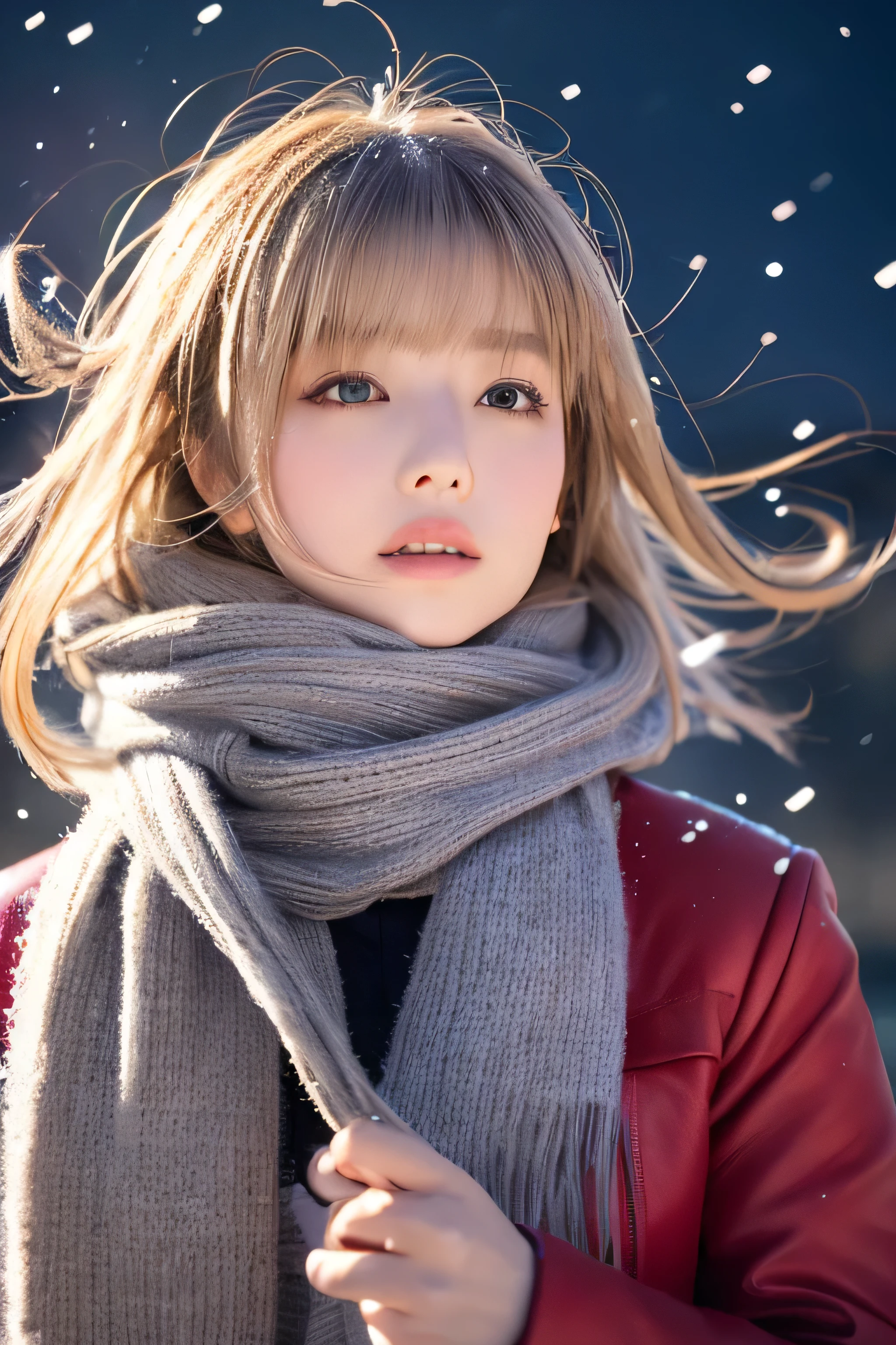 ((hair blowing in the wind、No makeup:1.2))、(realistic、Photoreal、super detailed、best detailed skins、highest quality、masterpiece、超A high resolution)、cute russian woman、14 years、high school girl、young girl、1 girl、have bangs、ash blonde:1.7、double eyelid、drooling eyes、Japanese style face、purity、realistic skin type、thick muffler、Gray muffler、fluffy hair、((There's hair in the scarf:1.3))、red cheeks、The wind is blowing、It's snowing、night、illumination、lighting from behind、hair blowing in the wind