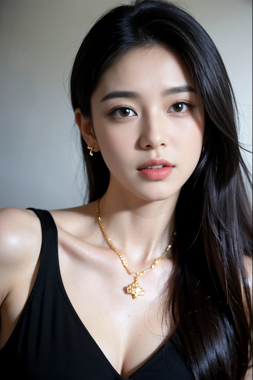 (masterpiece:1.3), (8 thousand, realistic, RAW photos, best quality: 1.4), (1 woman),(very sexy), (Beautiful makeover), (유난히 아름다운 realistic 얼굴), (Build a beautiful body) , (beautiful face), (beautiful face), (long eyelashes), (double eyelid), (realistic face), (black hair. parted, long hair:1.3), (아름다운 parted스타일), (realistic eyes), (really beautiful and delicate eyes), (beautiful and big breasts),(realistic skin), (beautiful skin), (absurd), (attractive), (ultra high resolution), (extremely realistic), (very detailed), (golden ratio), (necklace), (earring), (So beautiful and sexy)