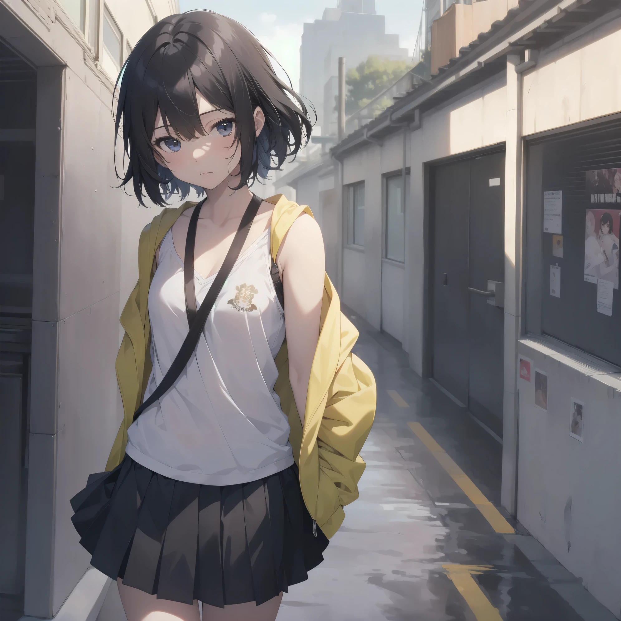 ultra-absurdres-Top quality by artist God, ultra-detailed, high resolution, anime moe artstyle, best anime 8k konachan wallpaper, pixiv contest winner,pool:2810, pool:544, perfect anatomy,break, 1girl, (Please draw a girl walking sleepily to school alone. )break,(Solo,little female, 13-year-old:1.3),Full limbs, complete fingers,a junior high school student, (very short hair), short cut, flat chest, , small butt, small black eyes, beautiful detailed eyes, well-proportioned iris and pupils, expressive eyes, highres detailed hair, soft expression, school_uniform, official_alternate_costume, pleated skirt,(Detailed Lighting), (Detailed background), in the School commute route. break,super detailed skin, Best cinematic lighting powered by famous artist, 8k,beauty illustration,photoshop_(medium),very aesthetic,break,((artist:tani_takeshi )), artist:akinashi yuu ,artist:oyari ashito ,artist:kantoku ,