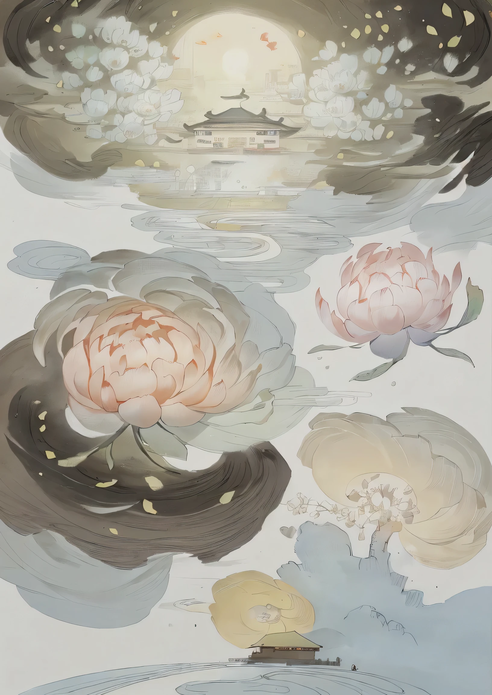 New Chinese style illustration,Beautiful peony flowers with buildings above,Auspicious clouds as decoration,Exquisite details,illustration poster,meticulous painting