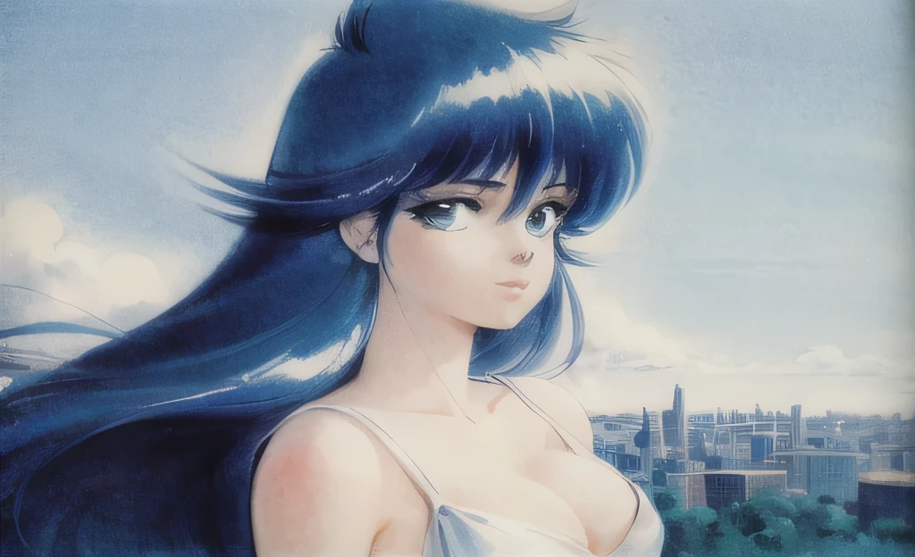 The breasts are very full and firm,Revealing deep cleavage, 8K, portrait, best quality, ultra high resolution, Japanese cartoons, (alone, 1 girl), (rich and colorful, vibrant hues | blue and turquoise shades), Extremely detailed lighting, movie lighting, soft light, (masterpiece, high quality:1.4), actual, (Delicate and beautiful eyes), (whole body), (Madoka Ayukawa, long blue hair), citypop, Hair blown by the breeze