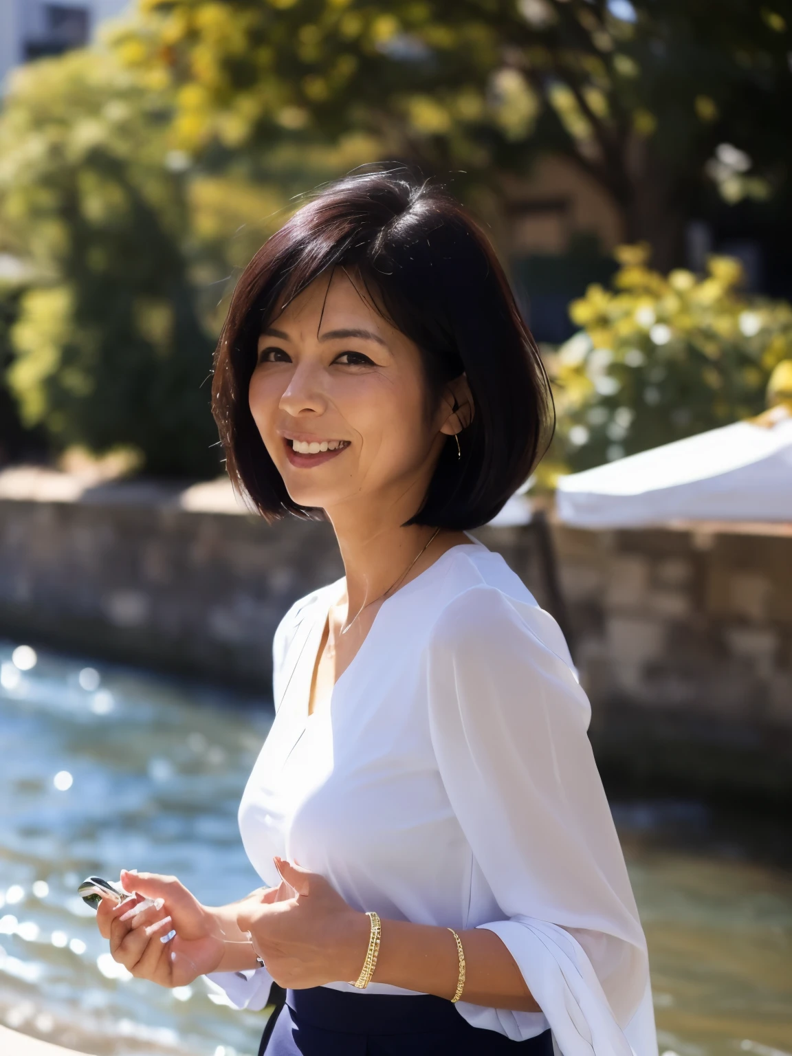 ((Top Quality)), ((8K)), ((Masterpiece: 1.3)), (Perfect Appearance), (Photorealism: 1.6), (Japanese woman walking along the bank), (outdoors), (A bank along the river with a nice view: 1.4), (Bask in the evening sun from the side),
japanese woman, (60 years old), gentle smile, The eyes are looking here, short hairstyle, soft fabric blouse, wide sleeves, Cuffs that fit your wrist, (The hem of the blouse is tucked into the skirt: 1.2), flare skirt, high heels, (hair fluttering in the wind: 1.4), (The shape of the nipple that stands out slightly: 1.2), (focus on upper body: 1.4),