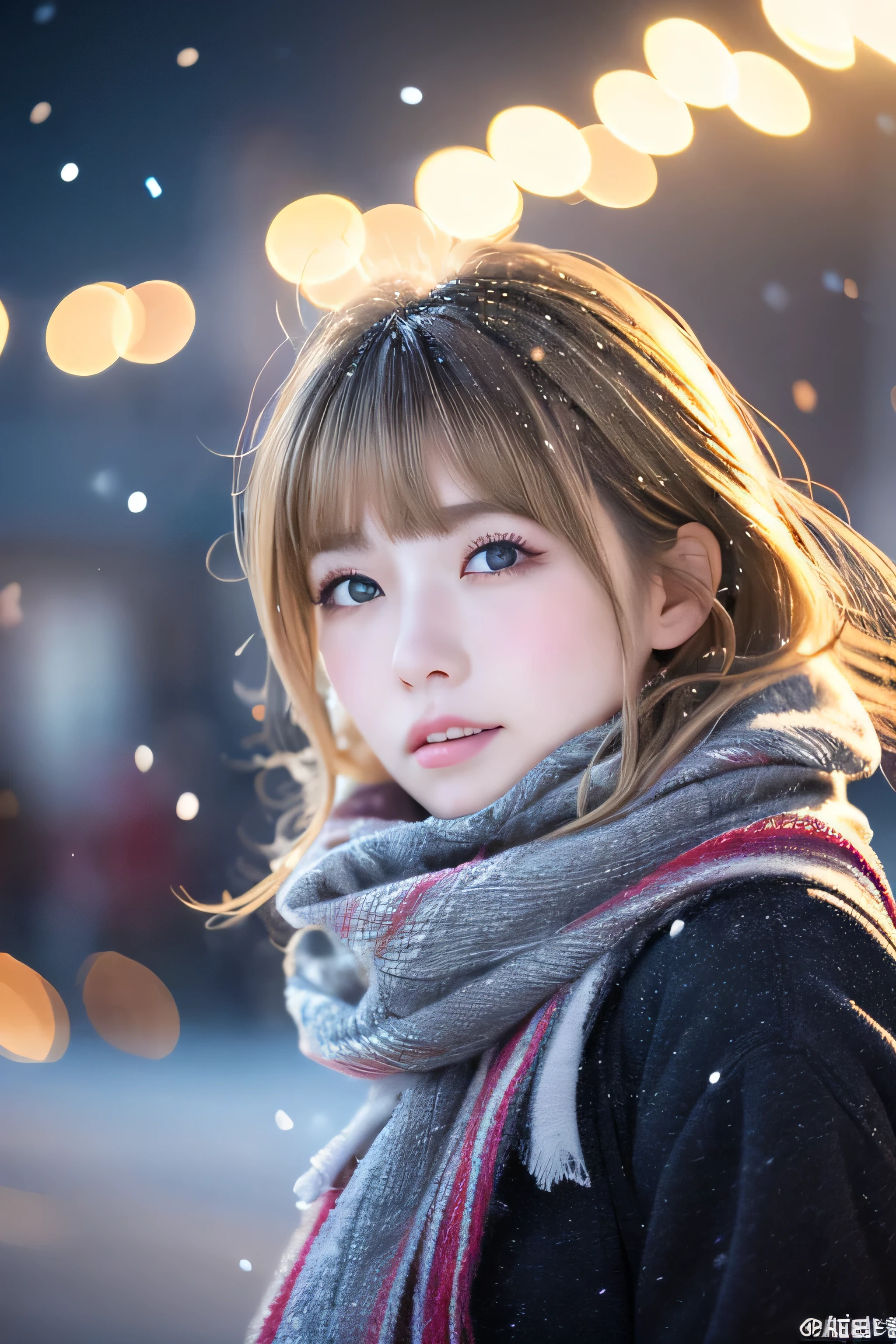 ((hair blowing in the wind、no makeup:1.2))、(realistic、Photoreal、Super detailed、best detailed skins、highest quality、masterpiece、超A high resolution)、cute russian woman、14 years、high school girl、young girl、1 girl、have bangs、ash blonde:1.7、double eyelid、drooling eyes、Japanese style face、purity、realistic skin type、thick muffler、Gray muffler、fluffy hair、((There&#39;hair in scarf:1.3))、red cheeks、The wind is blowing、that&#39;It&#39;s snowing、night、illumination、Lighting from behind、hair blowing in the wind