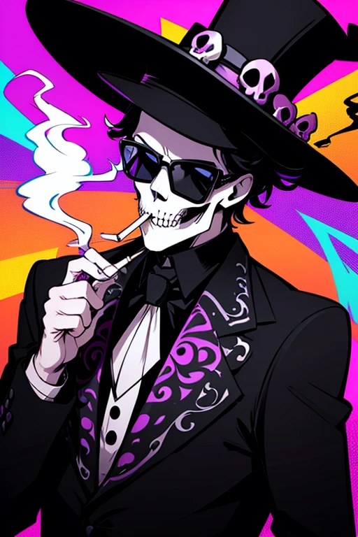 a psychedelic skull wearing a black top hat and sunglasses, smoking a cigarette