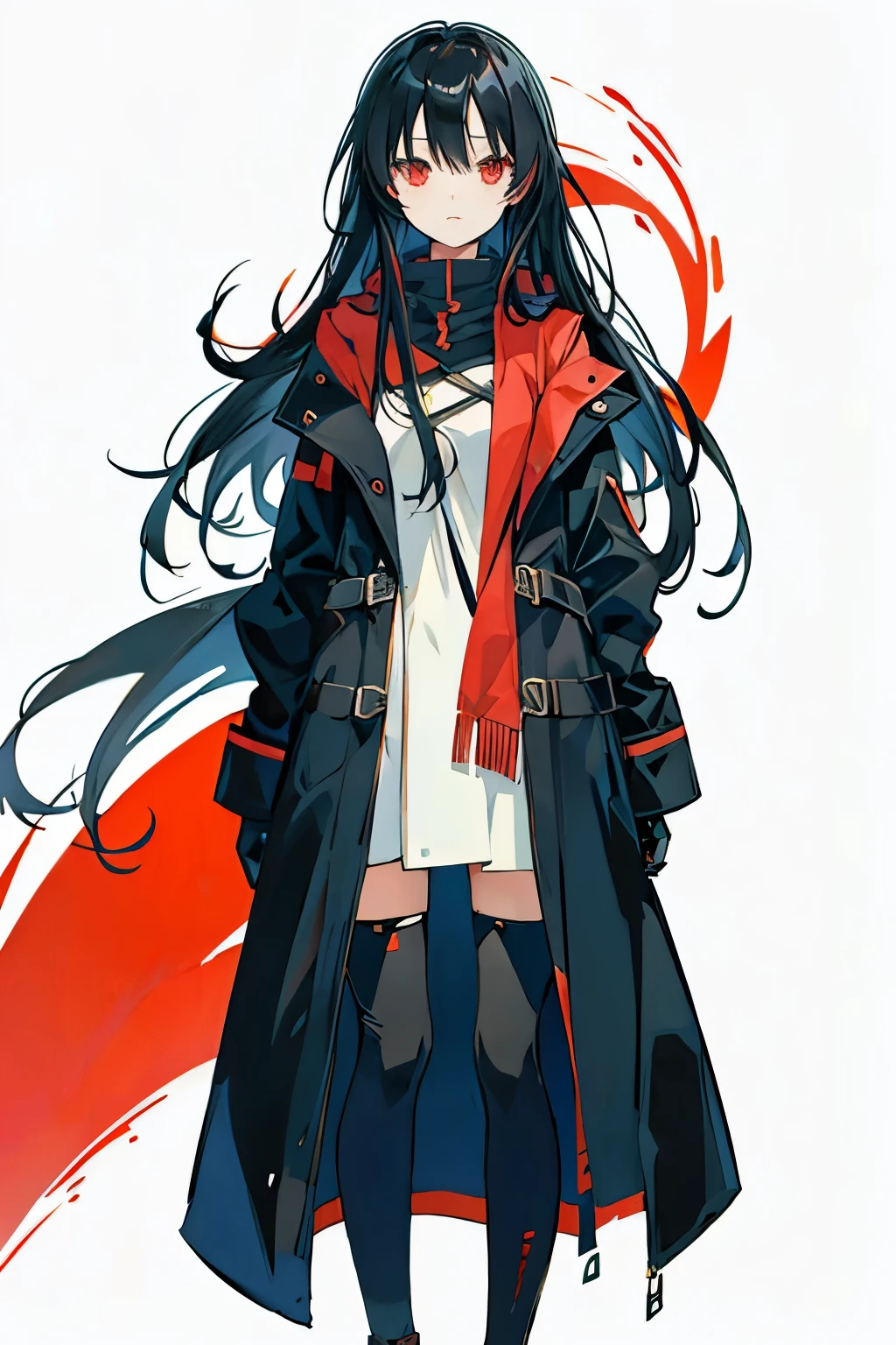 anime girl , black hair , long , long black coat , red eyes