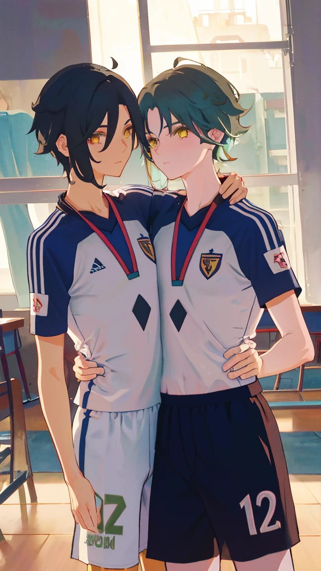 2 boys,dark green hair,highest quality,masterpiece,excessive,male focus,yellow eyes,beautiful eyes,beautiful boy,School,between men,Spouse,soccer club members,Blue soccer uniform,soccer,high school,soccer uniform,blue clothes,soccer court,teammate,same clothes,shoulder to shoulder,feminine,good friend,best image quality,
