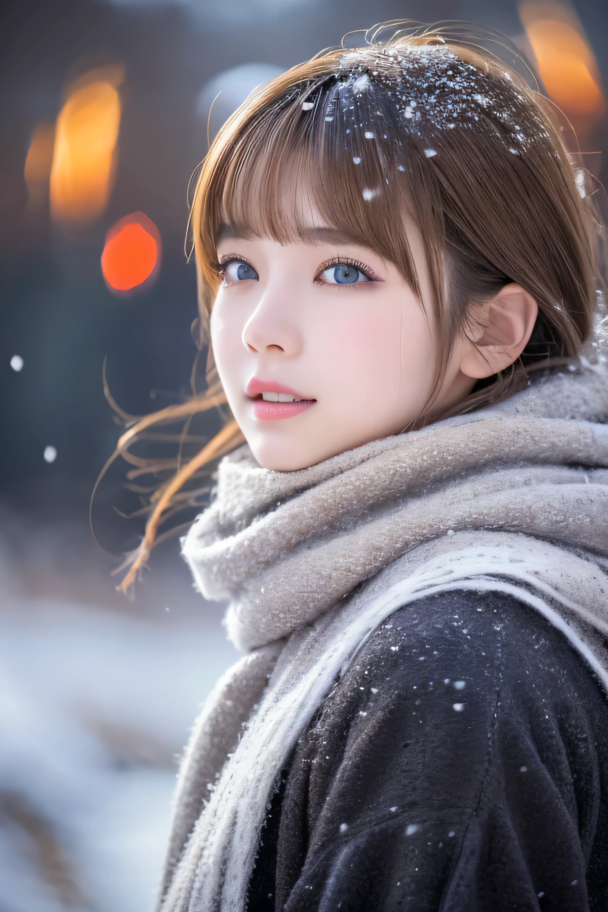 ((hair blowing in the wind、no makeup:1.2))、(realistic、Photoreal、Super detailed、best detailed skins、highest quality、masterpiece、超A high resolution)、cute russian woman、、high school girl、young girl、1 girl、have bangs、ash blonde:1.7、double eyelid、drooling eyes、Japanese style face、purity、realistic skin type、thick muffler、Gray muffler、fluffy hair、((There'hair in scarf:1.3))、red cheeks、The wind is blowing、that'It's snowing、night、illumination、Lighting from behind、hair blowing in the wind