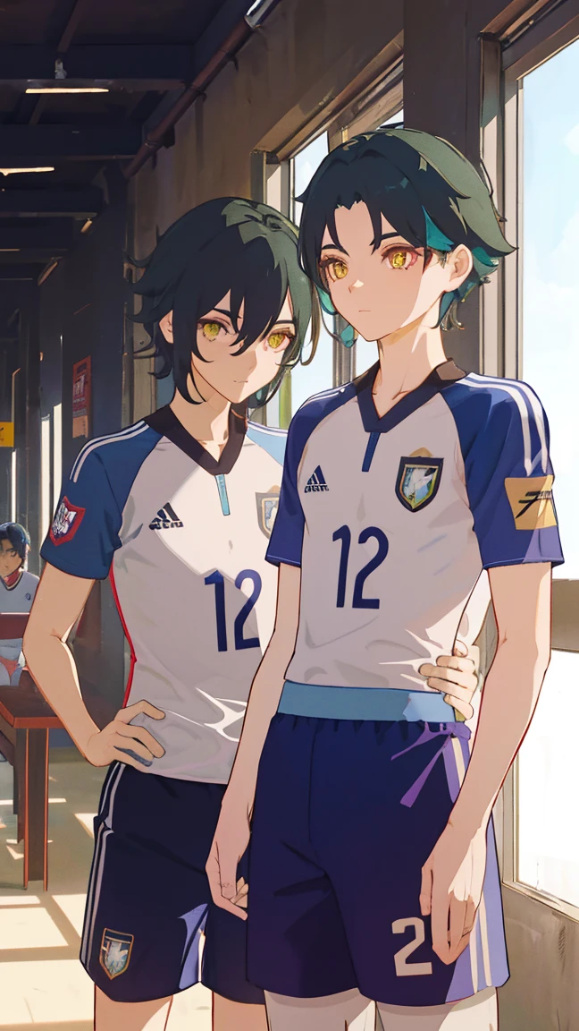 2 boys,dark green hair,highest quality,masterpiece,excessive,male focus,yellow eyes,beautiful eyes,beautiful boy,School,between men,Spouse,soccer club members,Blue soccer uniform,soccer,high school,soccer uniform,blue clothes,soccer court,teammate,same clothes,shoulder to shoulder,feminine,good friend,best image quality,