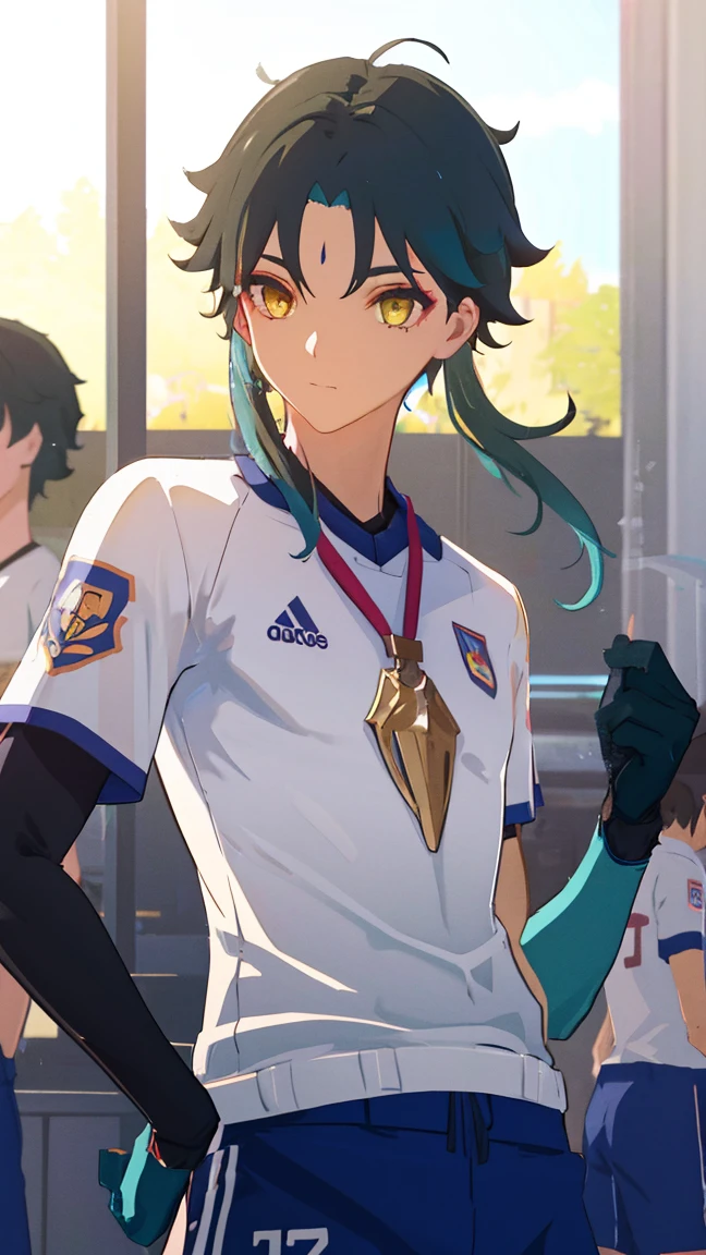 2 boys,dark green hair,highest quality,masterpiece,excessive,male focus,yellow eyes,beautiful eyes,beautiful boy,School,between men,Spouse,soccer club members,Blue soccer uniform,soccer,high school,soccer uniform,blue clothes,soccer court,teammate,same clothes,shoulder to shoulder,feminine,good friend,best image quality,