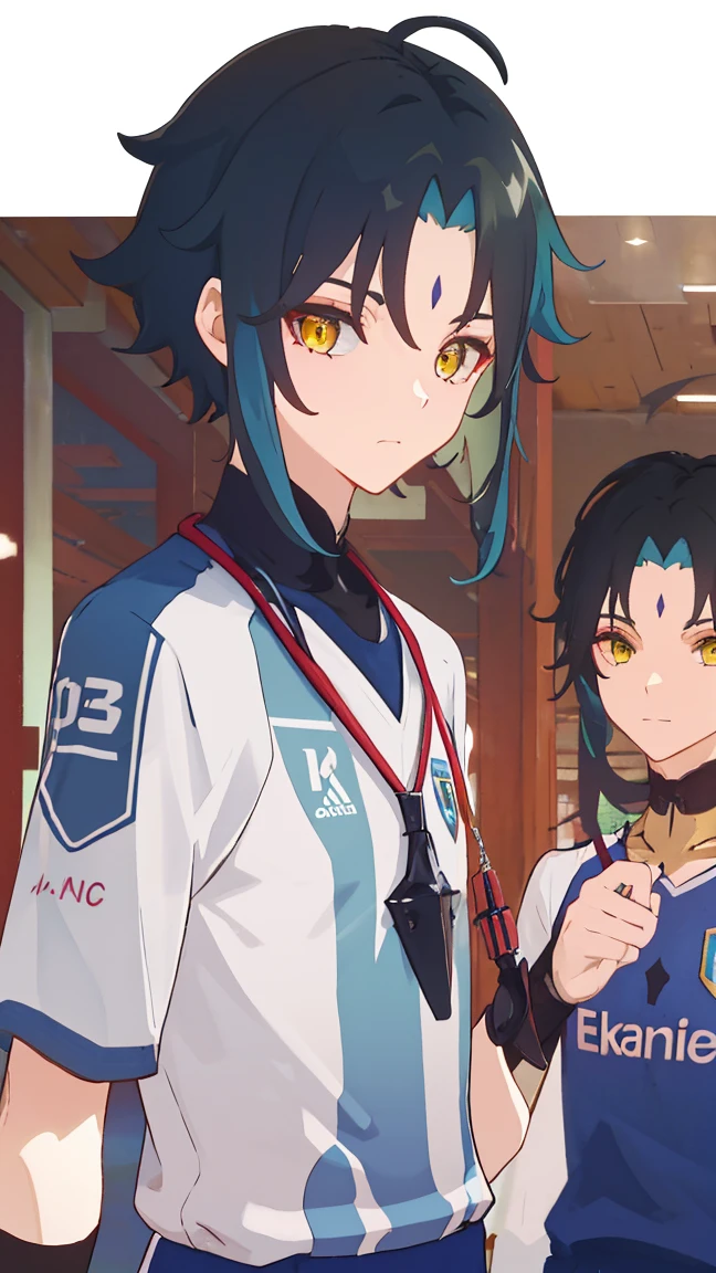 2 boys,dark green hair,highest quality,masterpiece,excessive,male focus,yellow eyes,beautiful eyes,beautiful boy,School,between men,Spouse,soccer club members,Blue soccer uniform,soccer,high school,soccer uniform,blue clothes,soccer court,teammate,same clothes,shoulder to shoulder,feminine,good friend,best image quality,