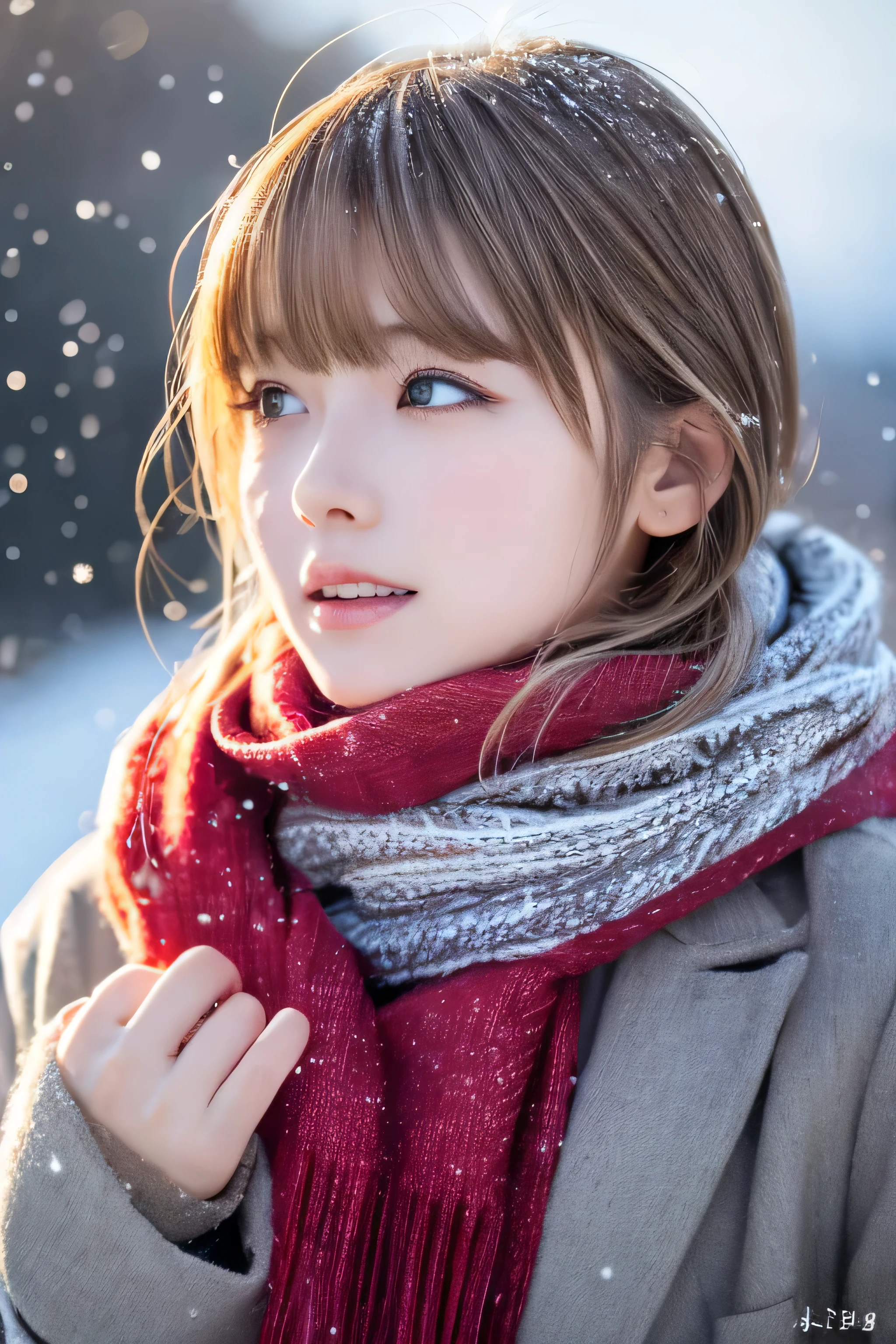 ((hair blowing in the wind、no makeup:1.2))、(realistic、Photoreal、Super detailed、best detailed skins、highest quality、masterpiece、超A high resolution)、cute russian woman、14 years、high school girl、young girl、1 girl、have bangs、ash blonde:1.7、double eyelid、drooling eyes、Japanese style face、purity、realistic skin type、thick muffler、Gray muffler、fluffy hair、((There&#39;hair in scarf:1.3))、red cheeks、The wind is blowing、that&#39;It&#39;s snowing、night、illumination、Lighting from behind、hair blowing in the wind