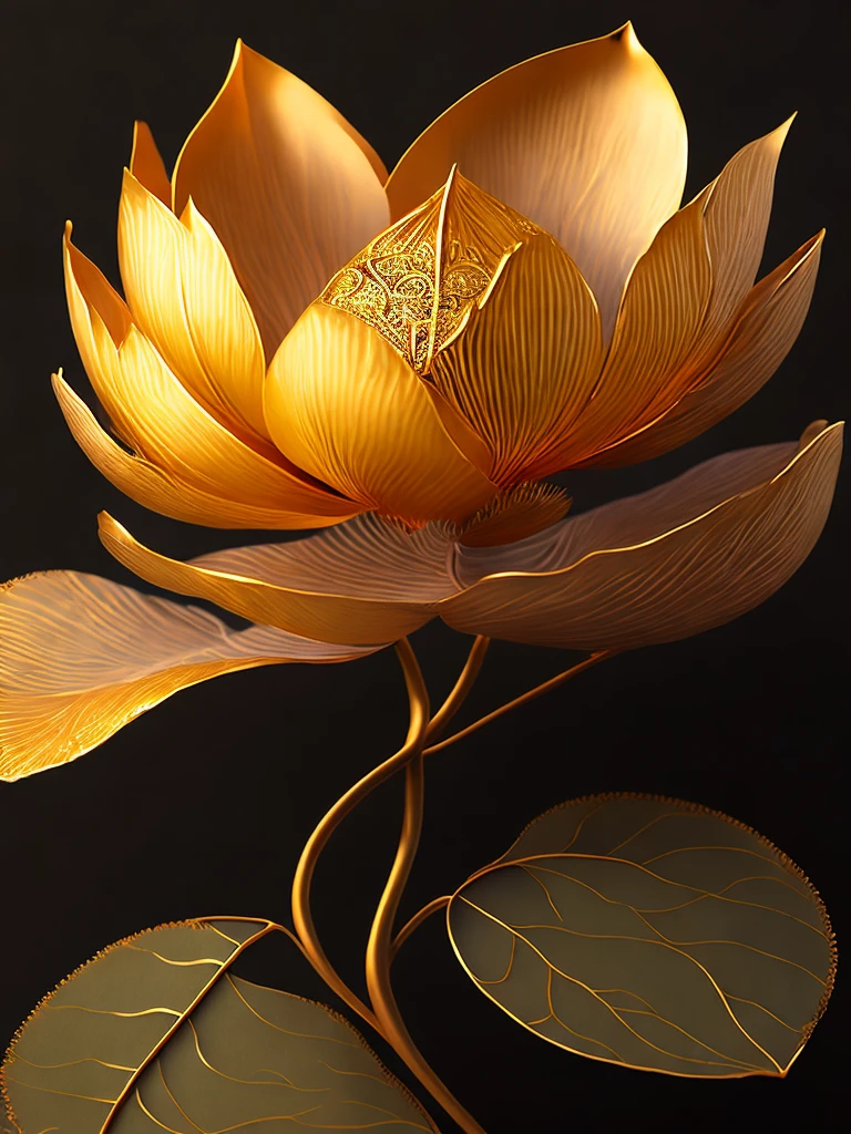 清晰對比 全Mute Gold  一朶蓮花(close up)with lotus leaves(Mute Gold) Very thin, intricate and hollow carvings. Precious and luxurious. Bright and shining. Very thin, intricate and fine gold foil art carvings. The handicrafts will reflect bright and shining effects when illuminated by sunlight or lights.，使艺术品更加引人注目 精巧的手工 雕刻和手工艺品的技艺 蓮花with lotus leaves艺术品 增添一种独特的价值和视觉效果 数字插图, Highly detailed vector art, Digital illustration style art master illustrator masterpiece high definition highly detailed digital art work