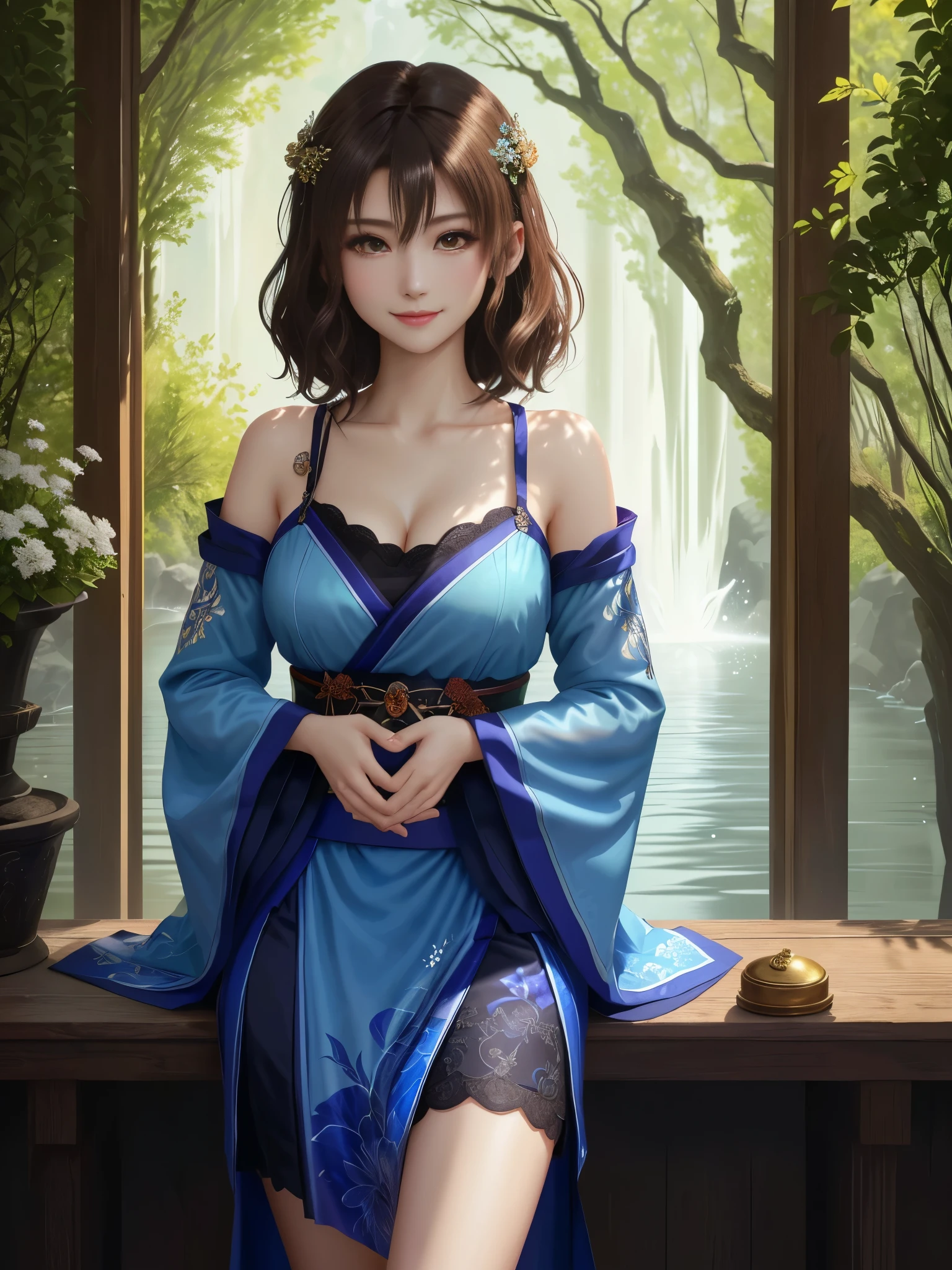 masterpiece , best quality,smile,smile,small face,Exposed shoulders,golden kimono,A little cleavage exposure,double eyes,Beauty,beautiful woman,beautiful girl,Stand firmly on both feet,charm,adult,lure,Big eyes,light brown hair,Mysterious世界,Water God殿,in the forest,Water God,Mythical God,水色のMysterious雰囲気,Water sources surround the area,水色のMysterious背景,Gorgeously curled hair,slender body shape,brown eyes,Faithfully reproduced contrast,short hair,Beautiful short hair,Berry Short,short cut hair,Just One,Precision quality,A faithful reproduction of the human eye,水色のMysterious雰囲気,水色のMysterious背景,beautiful details, colorful, delicate details, delicate lips, intricate details, genuine, ultrargenuineista, Mature, Wide-open eyes, raposa de Beautiful digital art,shrine maiden,exquisite digital illustration, mizutsune,Pixiv Digital Art, shining light, high contrast, Mysterious,Take center,view audience