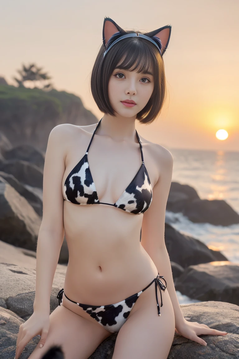 ,(((masterpiece, highest quality, Super detailed))), 1 female, (((very thin body))) , (((length, thin legs))), (((black short hair,dull bangs):1.2)), (((highly detailed face))), No cosmetics, small, thin nose, small thin mouth, (((Very sharp focused eyes))), Japanese, beautiful face, (lifelike face), Beautiful Hairstyles, realistic eyes, fine and beautiful eyes, beautiful body,(real looking skin), beautiful skin, charm, ultra high resolution, surreal, high detail, golden ratio, elevation angle,(detail makeup:1.2), (Cat ears:1.3), (cow print bikini:1.2), Looking at the viewer, Sunset seashore,