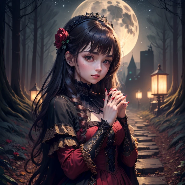 (((medium full shot))), (Masterpiece, best quality, ultra-detailed:1.3), (nice hands, perfect hands), official art, cinematic light, (1girl:1.3), adult, dark forest, moon, stars, red long nails, dark hair, beautiful composition, city in the distance