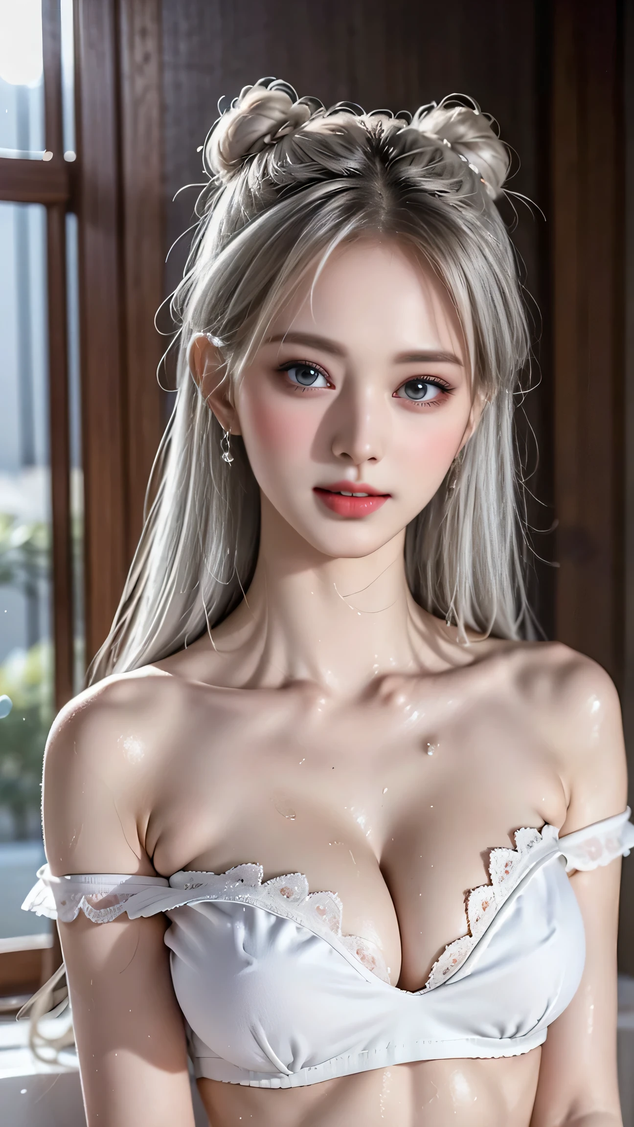 ((Girl showering in the bathroom))、top quality work,Real work,Ultra Premium Graphics,8K HD CG works,High quality graphics,High-definition CG works,super fine details:1.1,Advanced technical details:1.1Photo-realistic,Natural light:1.5. light effect(virtual light effect:1.8),超A high resolution,長いsilver hair,silver hair,transparent hair,high detail hair(premium hair detail:1.1)clear eyes,beautiful double eyelids,sharp eye makeup, delicate eyelash makeup, thin eyebrows, highly detailed eyes,high nose, nice red lips, rose cheeks, A face with delicate makeup , cute face, perfectly proportioned face,(Advanced facial details:1.1),shiny,summer sexy,((Wet translucent white tank top))、((Wet white panties are visible)),photo shoot,woman'artwork of,full body figure,realism,wonderful,My eyes are shining today、((she is wet))、(nipple),((Pink nipple is visible through the)),Double whirlwind pattern design clothing,iris heterochromatic pupil,Silver-haired girl,free wallpaper,off shoulder、((nipple))、(puffy eyes:1.2)、 (slim legs),(Light hits your face and chest)、(((((underboob)))))、lower chest、oily skin、skinny、 (The underside of the chest is slightly visible),(visible underboob、I can see your belly button and ribs)、Hip bones and lower abdomen are visible、