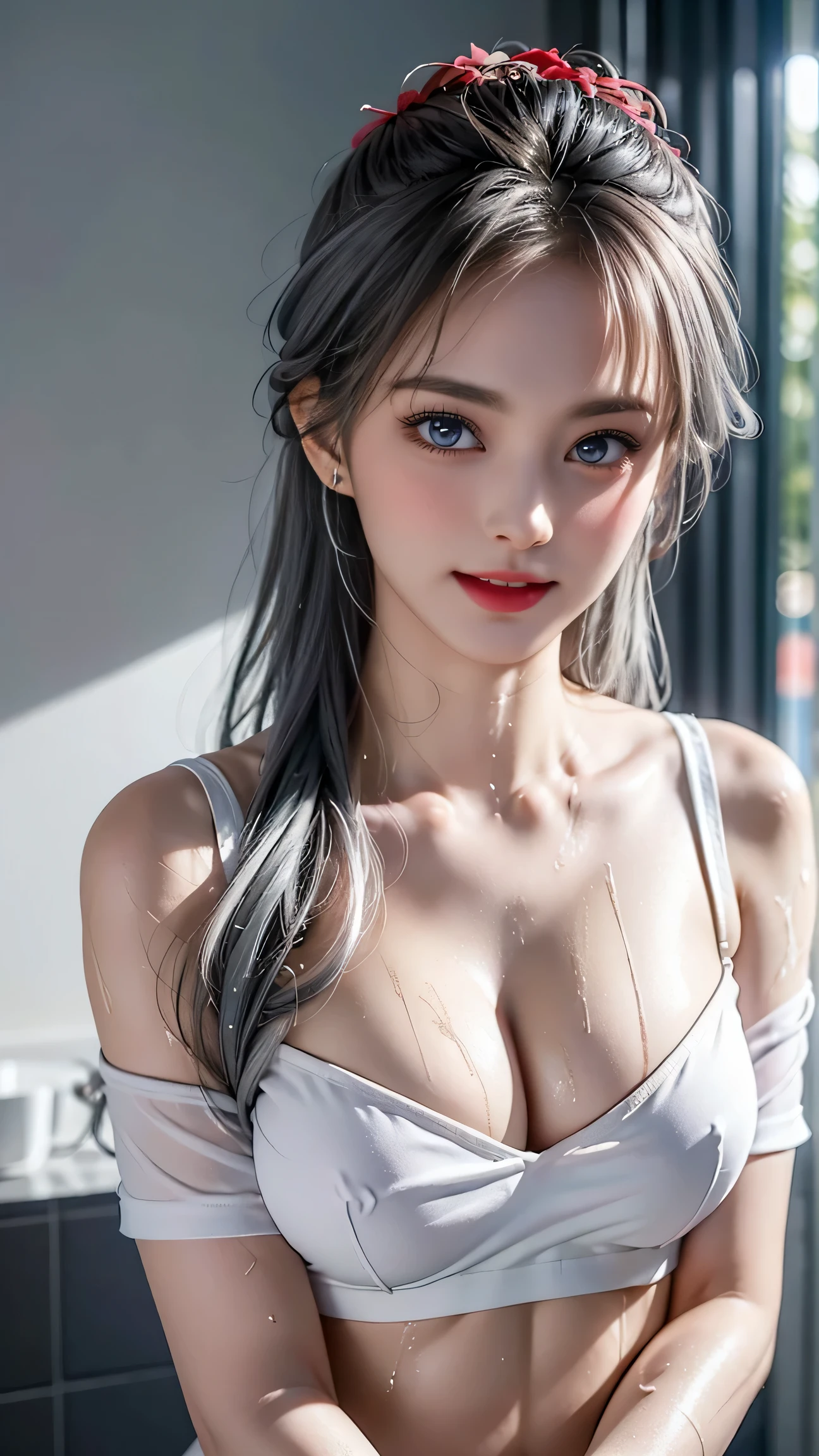 ((Girl showering in the bathroom))、top quality work，Real work，Ultra Premium Graphics，8K HD CG works，High quality graphics，High-definition CG works，super fine details：1.1，Advanced technical details：1.1Photo-realistic，Natural light：1.5. light effect（virtual light effect：1.8），超A high resolution，長いsilver hair，silver hair，transparent hair，high detail hair（premium hair detail：1.1）clear eyes，beautiful double eyelids，sharp eye makeup, delicate eyelash makeup, thin eyebrows, highly detailed eyes，high nose, nice red lips, rose cheeks, A face with delicate makeup , cute face, perfectly proportioned face,（Advanced facial details：1.1），shiny，summer sexy，((Wet translucent white tank top))、((Wet white panties are visible)),photo shoot，woman&#39;artwork of，full body figure，realism，wonderful，My eyes are shining today、((she is wet))、（nipple),（(Pink nipple is visible through the)),Double whirlwind pattern design clothing，iris heterochromatic pupil，Silver-haired girl，free wallpaper,off shoulder、((nipple))、(puffy eyes:1.２)、 (slim legs),(Light hits your face and chest)、(((((underboob)))))、lower chest、oily skin、skinny、 (The underside of the chest is slightly visible),(visible underboob、I can see your belly button and ribs)、Hip bones and lower abdomen are visible、