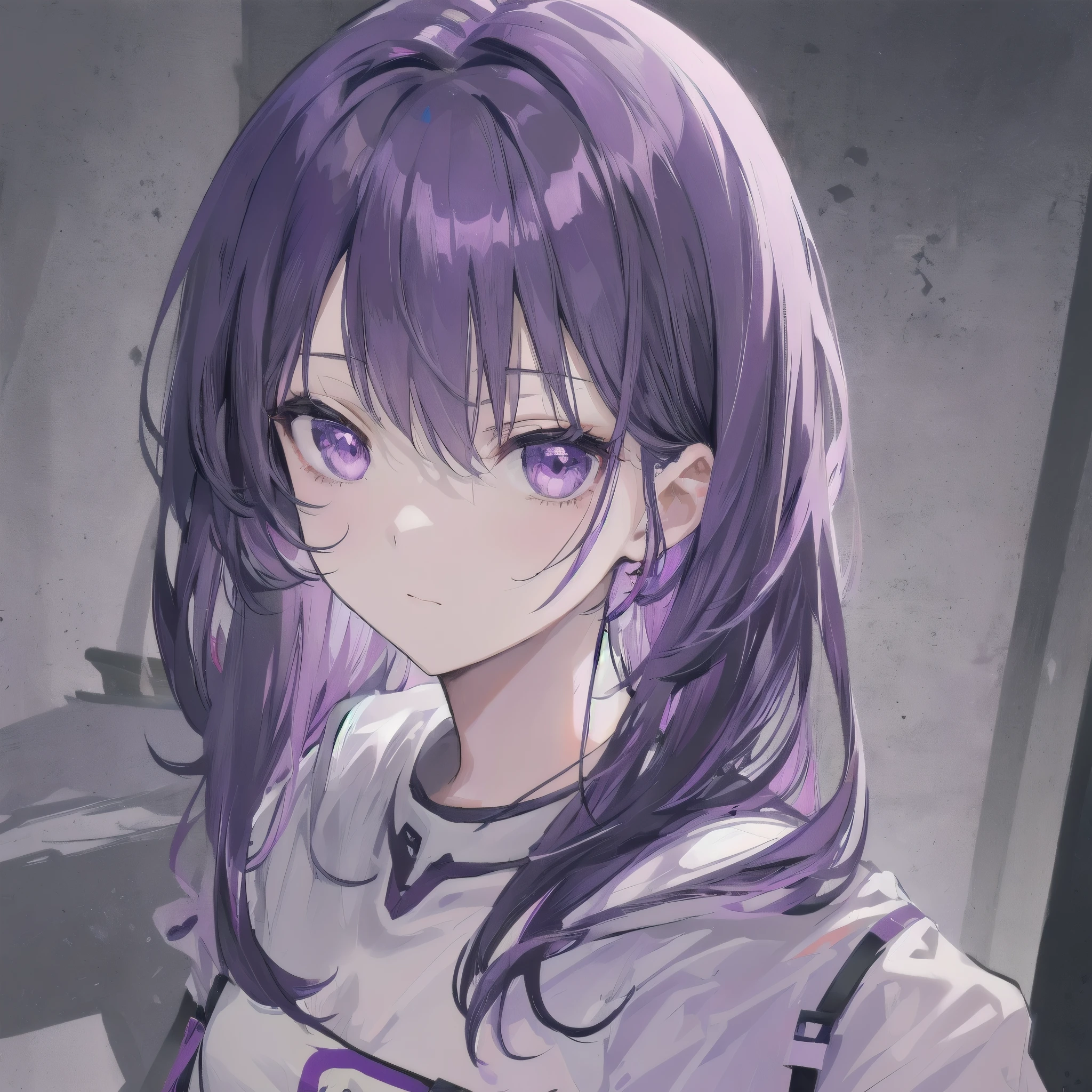 A girl, portrait, casual clothes, purple hair, purple eyes, close mouth, serious