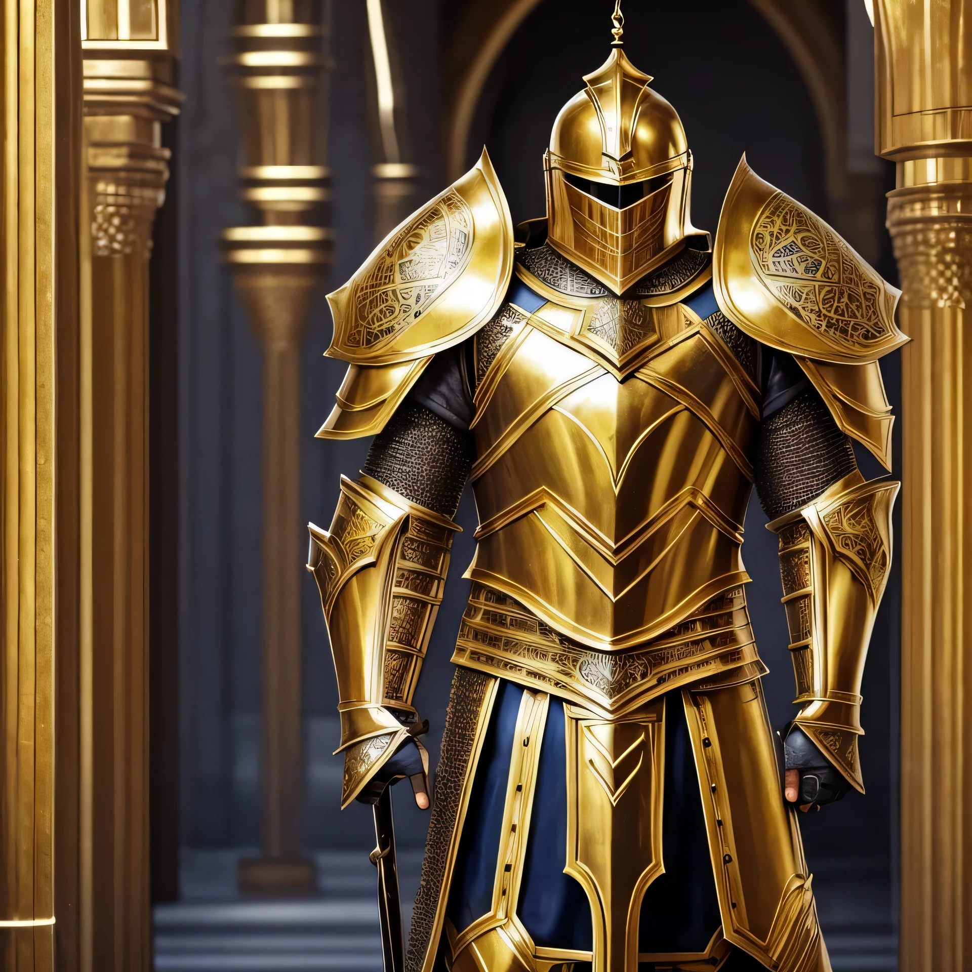 Modern Heavily armored knight, masterpiece, medieval, detailed armor, fantastic armor, golden armor, in a mosque, amazing and unique sword in his hand, full body,