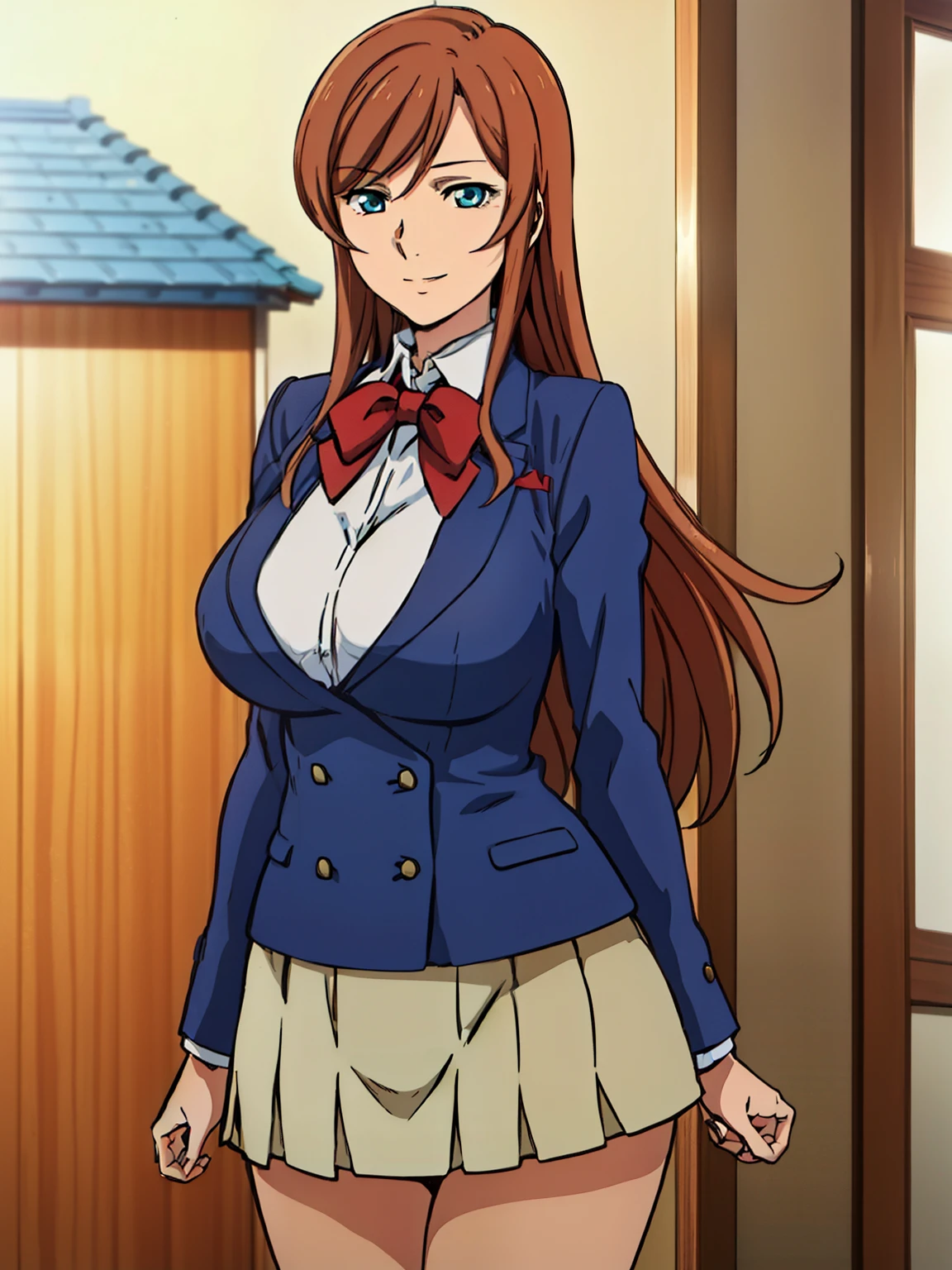 standing, blue suit , red bow tie, (blue pleated skirt), white shirt, (infront of wooden house background), sunny, Kamiki Mirai, mature woman, anime cels style, best quality, high resolution, 1girl, (huge breasts:1.2), beautiful face, Beautiful Finger, Beautiful long legs, Beautiful body, Beautiful Nose, Beautiful character design, brown hair, Long hair, bangs, blue eyes, looking at viewer, cowboy shot, smiling