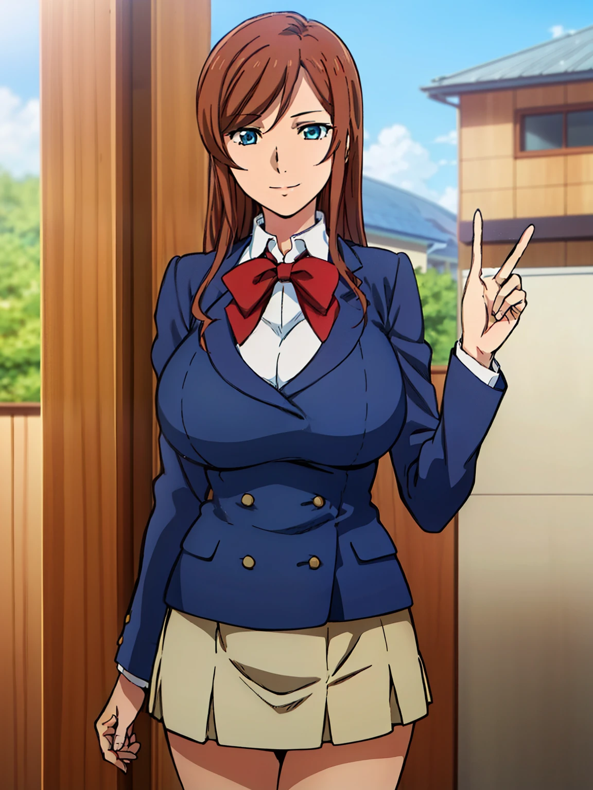 standing, blue suit , red bow tie, (blue pleated skirt), white shirt, (infront of wooden house background), sunny, Kamiki Mirai, mature woman, anime cels style, best quality, high resolution, 1girl, (huge breasts:1.2), beautiful face, Beautiful Finger, Beautiful long legs, Beautiful body, Beautiful Nose, Beautiful character design, brown hair, Long hair, bangs, blue eyes, looking at viewer, cowboy shot, smiling