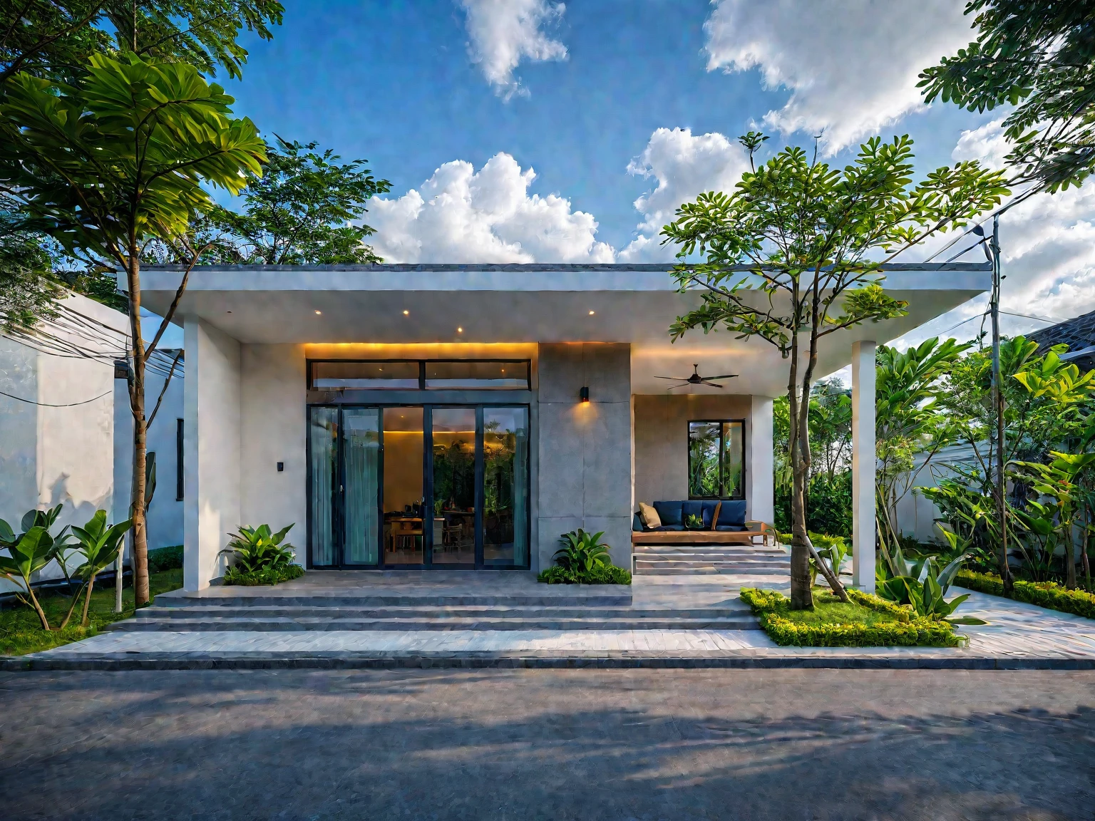 Raw photo,Masterpiece, high quality, best quality, authentic, super detail, soft lighting, high quality, exterior, outdoors, onestoreyvilla, house style modern on the street vietnam road,pavement, grass, trees, blue sky, cloud, (day:1.1), vivid colour, (realistic:1.2), unreal engine 5, vray tracing