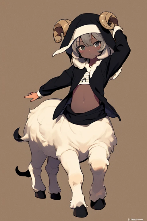 Sheep Nun、aldult、2 Men Arms、4 legs of lamb、quadrupedal walking、delicate、delicate face、black skin、Lamb&#39;s ear、Curved Ram Horn、gray hair、White sheep&#39;s wool、flat chest、T-shirt、(Navel exposed)、Super high quality