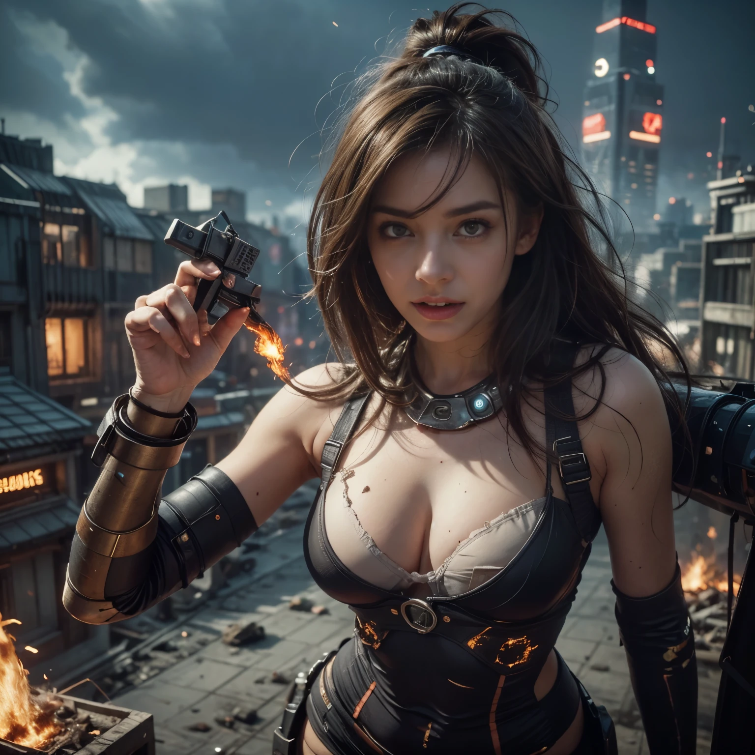 (best quality,4k,8k,highres,masterpiece:1.2),ultra-detailed,(realistic,photorealistic,photo-realistic:1.37),collapsed cityscape,dystopian landscape,devastated city,flames,invader mecha,ruined infrastructure,scattered debris,futuristic atmosphere,smoke and ash,dark sky,ominous invasion,destroyed buildings,burning chaos,dramatic destruction,apocalyptic scenario,intense flames,desolate streets,war-torn city,crumbling structures,post-apocalyptic setting,ominous mecha presence,desperate survivors,hopeless battle,desperation,grim future,terrified citizens,crumbling civilization,devastation and chaos,gloomy ambiance,dystopian future,decaying urban landscape,metallic behemoth,overwhelming forces,rebellious heroes,zombies,ground-shaking footsteps,fire and destruction,ominous glow from the mecha,smoldering ruins,conquered city,devastating firepower,dangerous clashes.
