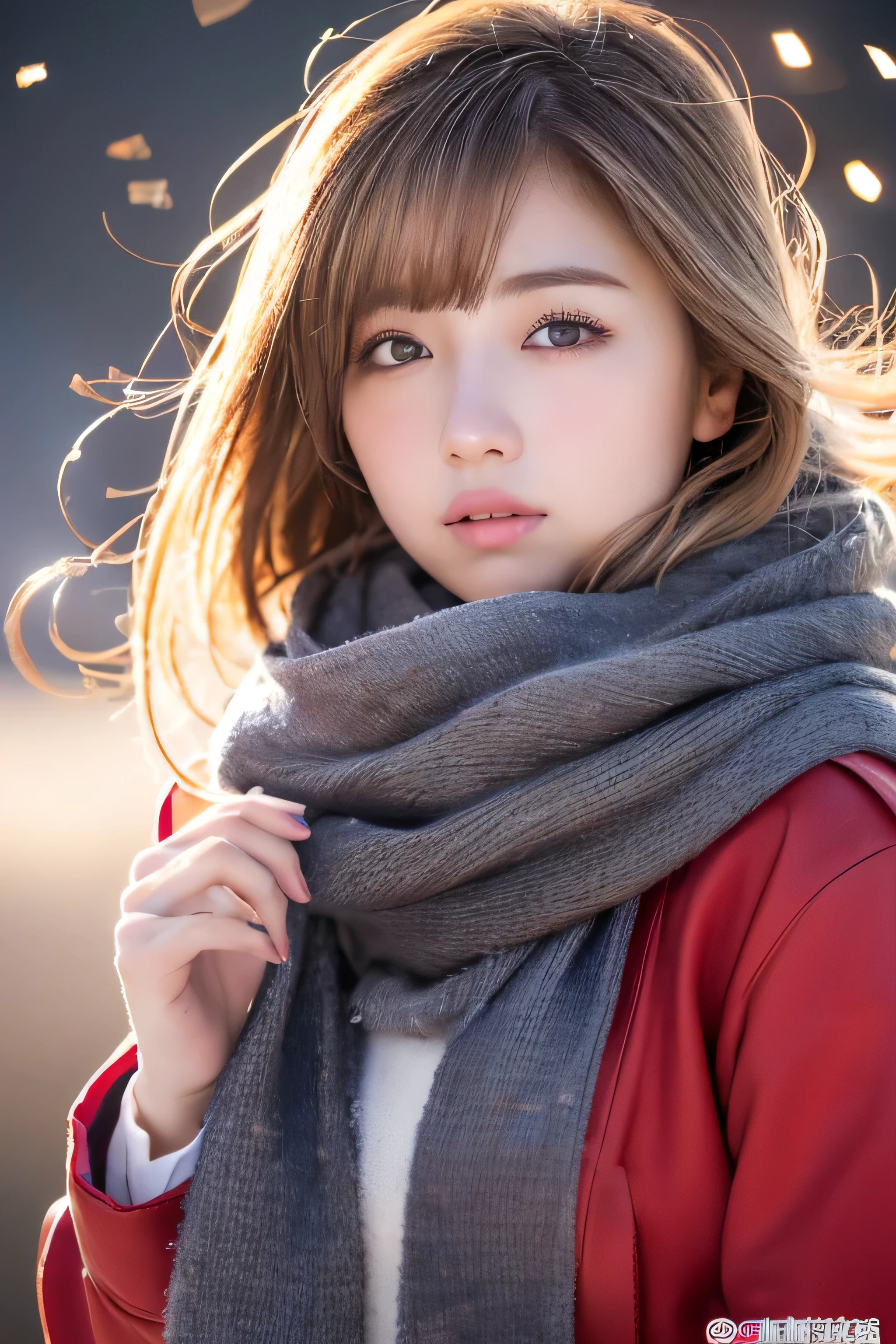 ((hair blowing in the wind、no makeup:1.2))、(realistic、Photoreal、Super detailed、best detailed skins、highest quality、masterpiece、超A high resolution)、cute russian woman、14 years、high school girl、young girl、1 girl、have bangs、ash blonde:1.7、double eyelid、drooling eyes、Japanese style face、purity、realistic skin type、thick muffler、Gray muffler、fluffy hair、((There'hair in scarf:1.3))、red cheeks、The wind is blowing、that'It's snowing、night、illumination、Lighting from behind、hair blowing in the wind