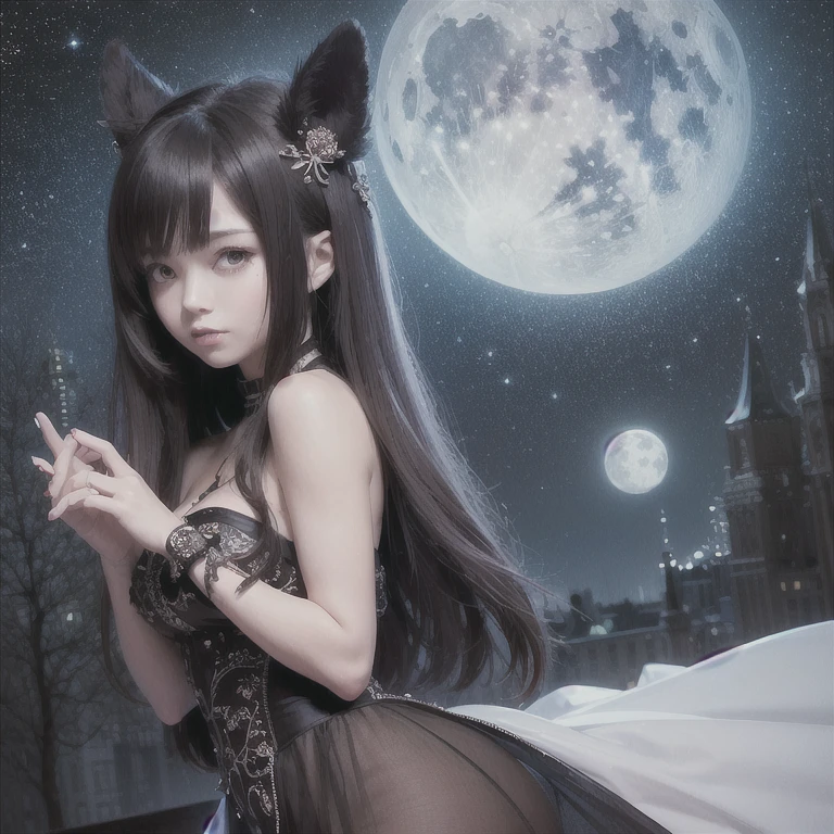 (((medium full shot))), (Masterpiece, best quality, ultra-detailed:1.3), (nice hands, perfect hands), official art, cinematic light, (1girl:1.3), adult, dark forest, moon, stars, red long nails, dark hair, beautiful composition, city in the distance