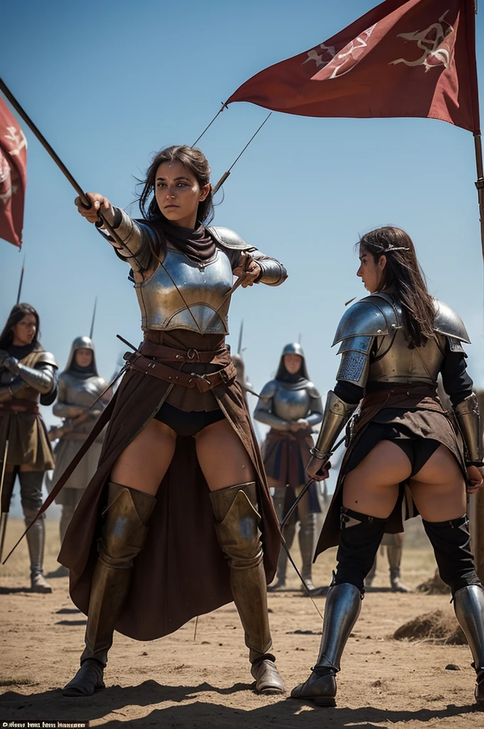 Here is a request in 100 words in English to generate an image of female archers in a medieval battle:
"Generate an image of fierce women archers desnudas ass, their faces streaked with war paint, standing tall on the battlefield amidst the chaos of a medieval clash. Clad in sturdy leather armor and flowing cloaks, they draw their bows with steely determination. Arrows fly through the air, finding their mark among the enemy ranks. The sounds of battle echo around them as they unleash a barrage of deadly precision, their skills unmatched. Behind them, banners flutter in the wind, bearing symbols of strength and unity. These warrior women command respect and fear, a formidable force in the heart of the medieval fray."
Esta solicitud busca capturar la imagen de mujeres arqueras valientes y decididas en medio de una batalla medieval, showing his skill and determination in combat. I hope this description is evocative and inspires you..