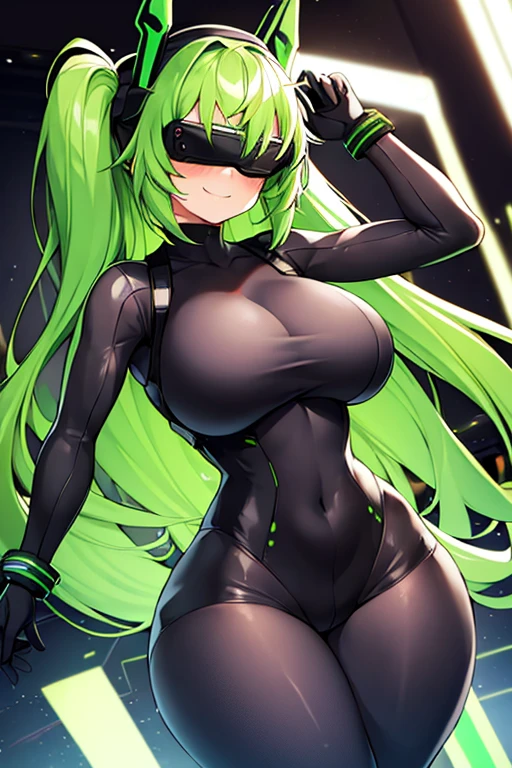 1girl, green hair, vr visors, visors, head-mounted display, covered eyes, bodysuit, black bodysuit, science-fiction, machinery, futuristic, tech, neon, neon trim, large breasts, thick thighs, wide hips, swaying hips, hip sway, sway, arms behind back, arms up, smile, dance, dancing, 