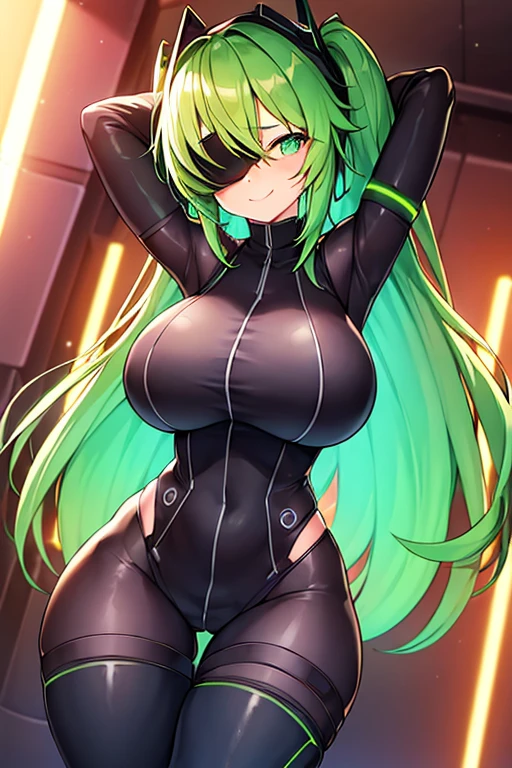 1girl, green hair, vr visors, visors, head-mounted display, covered eyes, bodysuit, black bodysuit, science-fiction, machinery, futuristic, tech, neon, neon trim, large breasts, thick thighs, wide hips, swaying hips, hip sway, sway, arms behind back, arms up, smile, dance, dancing,