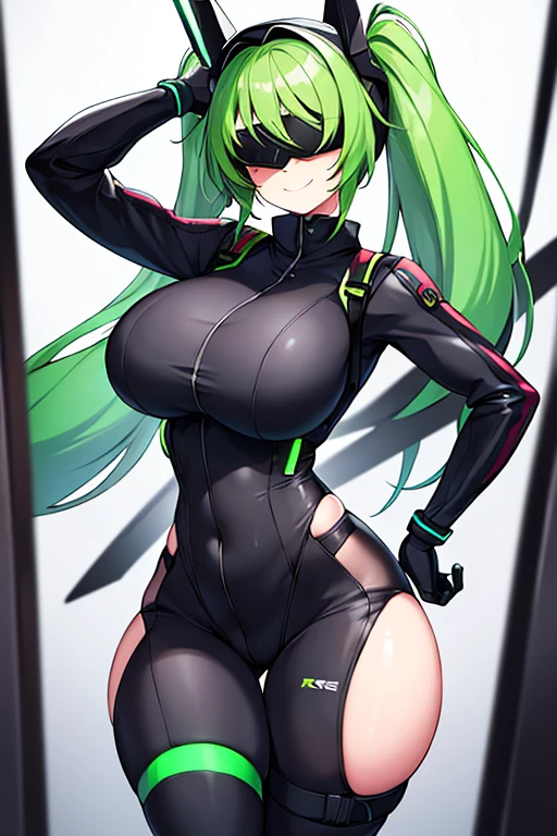 1girl, green hair, vr visors, visors, head-mounted display, ((covered eyes)), covered eyes, bodysuit, black bodysuit, science-fiction, machinery, futuristic, tech, neon, neon trim, large breasts, thick thighs, wide hips, swaying hips, hip sway, sway, arms behind back, arms up, smile, hands behind back, dance