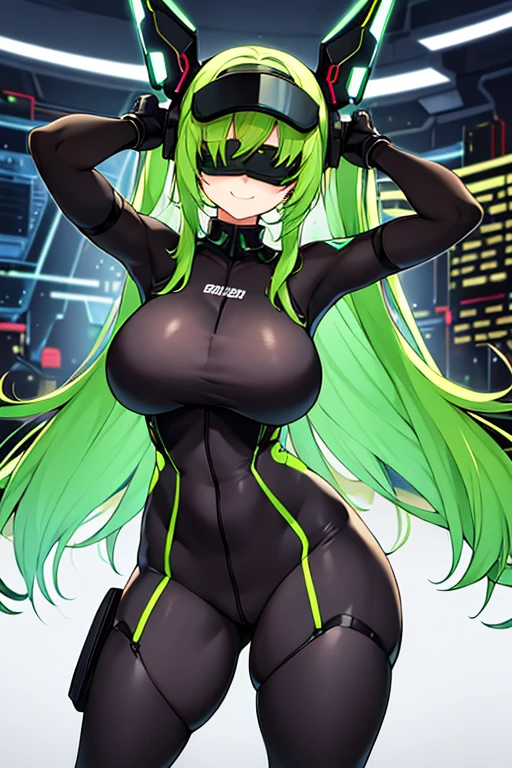 1girl, green hair, vr visors, visors, head-mounted display, ((covered eyes)), covered eyes, bodysuit, black bodysuit, science-fiction, machinery, futuristic, tech, neon, neon trim, large breasts, thick thighs, wide hips, swaying hips, hip sway, sway, arms behind back, arms up, smile, hands behind back, dance