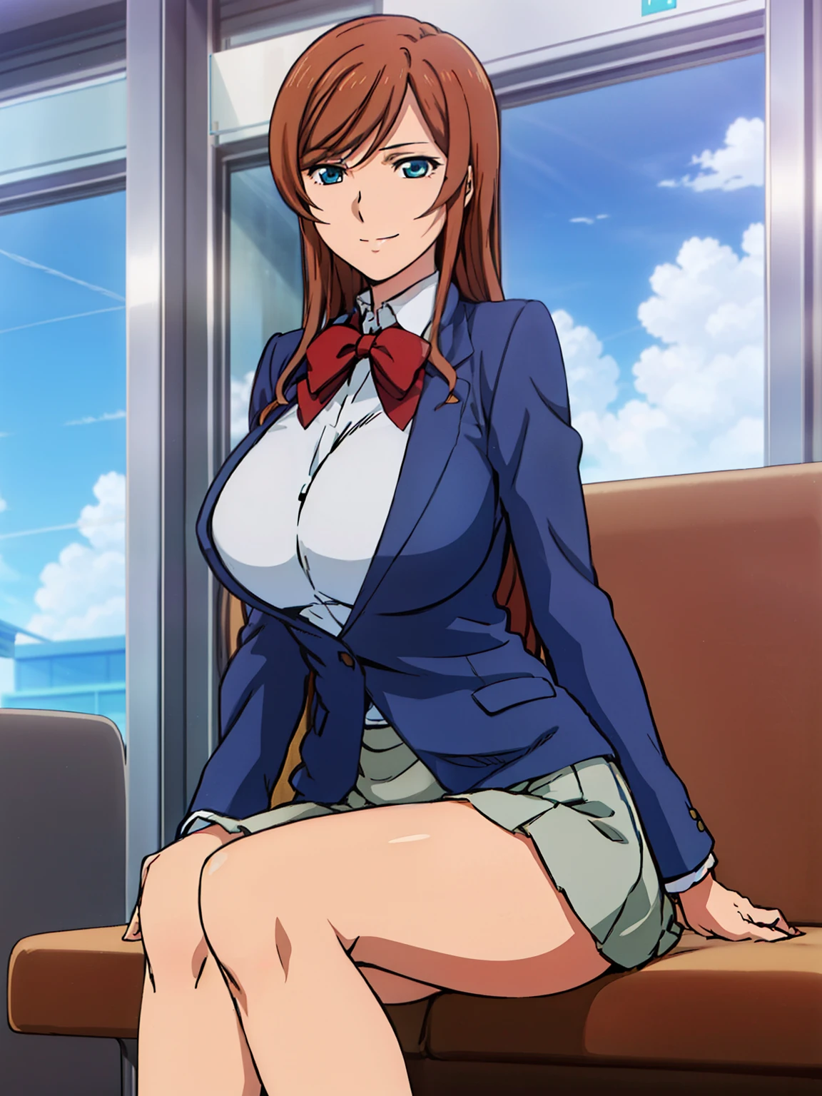 sitting on bus chair, blue suit , red bow tie, (blue pleated skirt), white shirt, (inside bus background), sunny, Kamiki Mirai, mature woman, anime cels style, best quality, high resolution, 1girl, (huge breasts:1.2), beautiful face, Beautiful Finger, Beautiful long legs, Beautiful body, Beautiful Nose, Beautiful character design, brown hair, Long hair, bangs, blue eyes, looking at viewer, cowboy shot, smiling