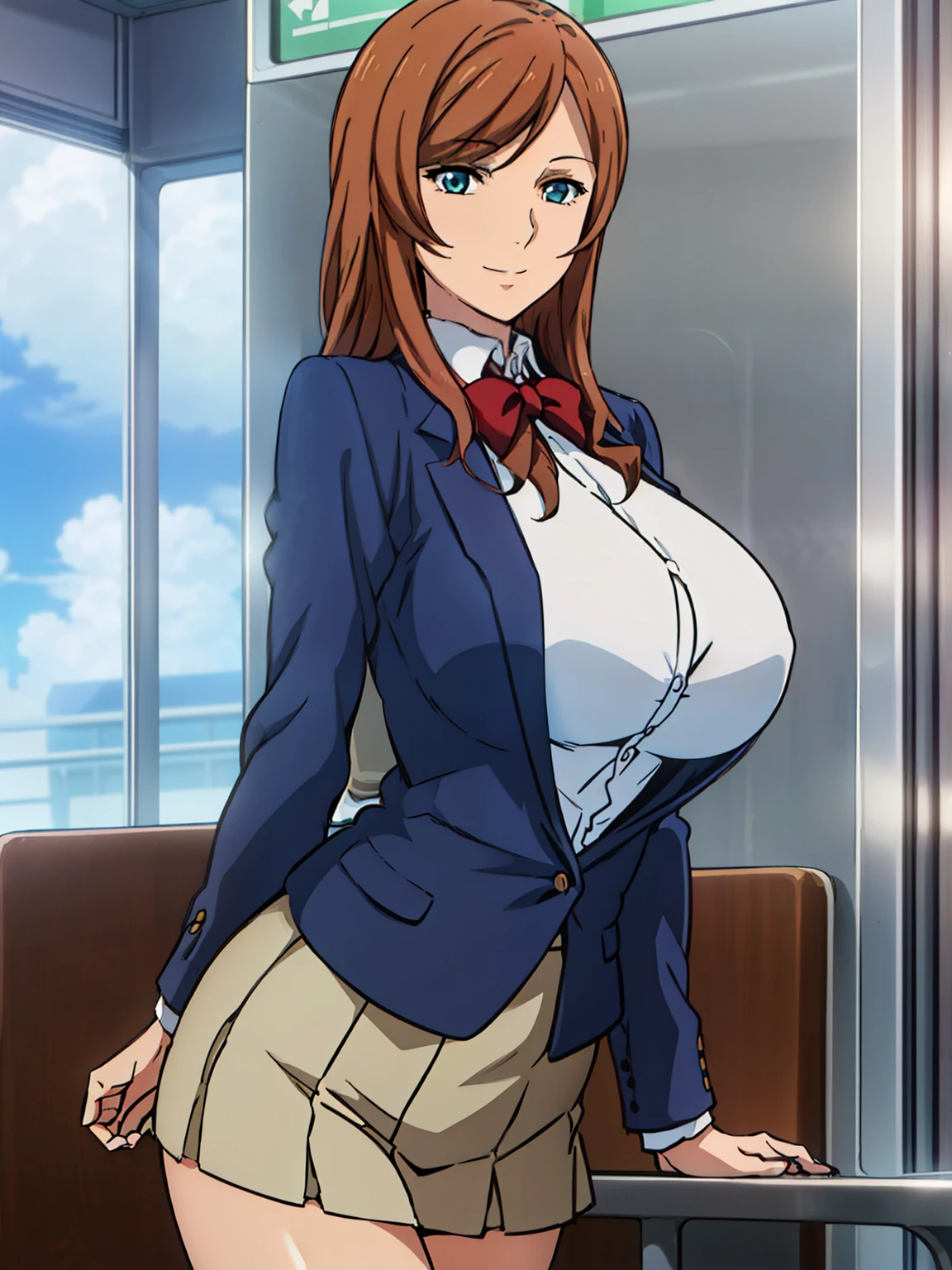 sitting on bus chair, blue suit , red bow tie, (blue pleated skirt), white shirt, (inside bus background), sunny, Kamiki Mirai, mature woman, anime cels style, best quality, high resolution, 1girl, (huge breasts:1.2), beautiful face, Beautiful Finger, Beautiful long legs, Beautiful body, Beautiful Nose, Beautiful character design, brown hair, Long hair, bangs, blue eyes, looking at viewer, cowboy shot, smiling