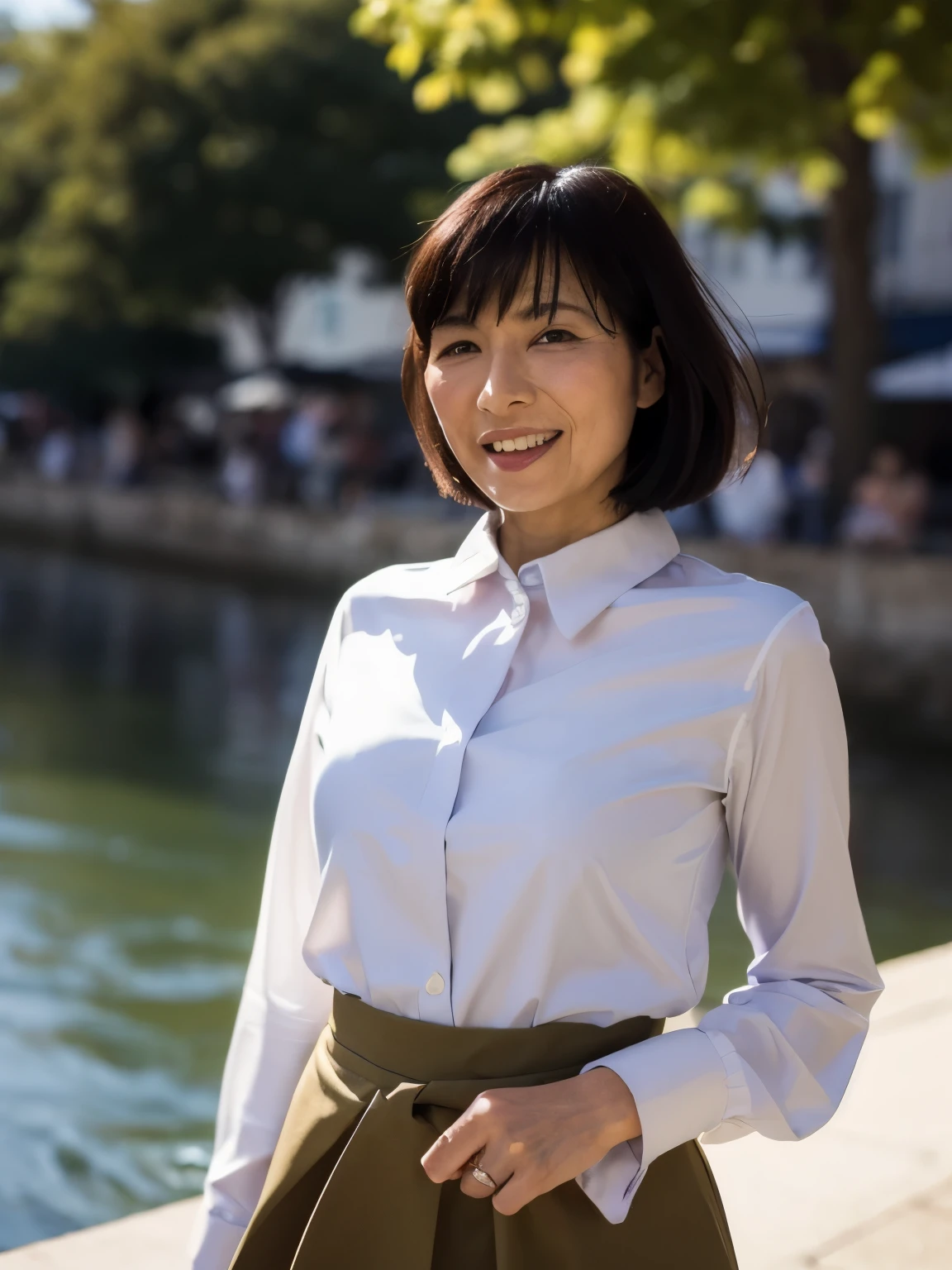 ((Top Quality)), ((8K)), ((Masterpiece: 1.3)), (Perfect Appearance), (Photorealism: 1.6), (Japanese woman walking along the bank), (outdoors), (A bank along the river with a nice view: 1.4), (Bask in the evening sun from the side), 

japanese woman, (60 years old), gentle smile, The eyes are looking here, short hairstyle, soft fabric blouse, wide sleeves, Cuffs that fit your wrist, (The hem of the blouse is tucked into the skirt: 1.2), flare skirt, high heels, (hair fluttering in the wind: 1.4), (The shape of the nipple that stands out slightly: 1.2), (focus on upper body: 1.4),