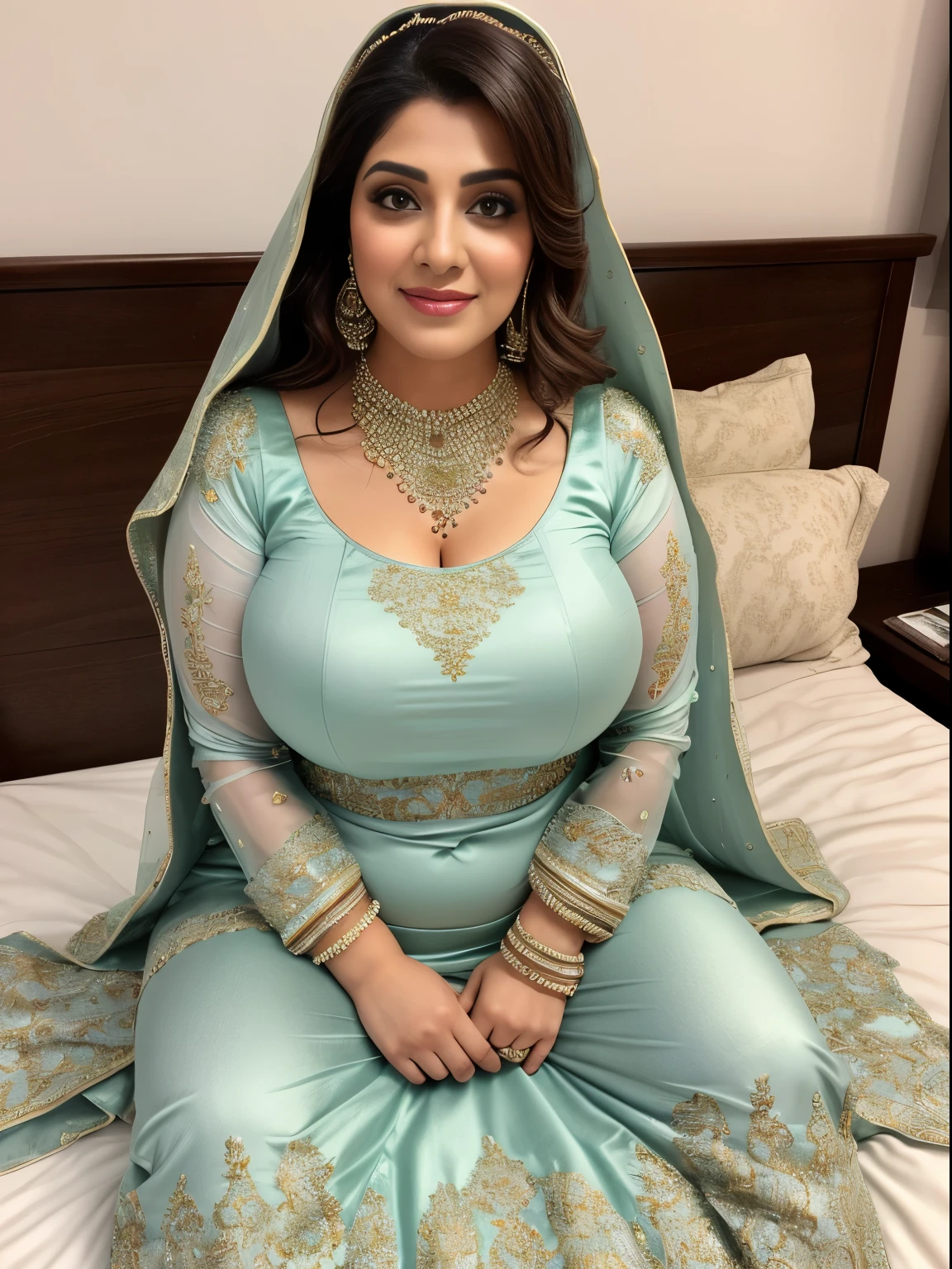 portrait of a 36 year most beautiful very busty slight fat toned body women sitting on the bed, hd details of award show,HD makeup,hd details,hd render,realistic,hyper realistic,photograph,wearing a pakistani traditional wedding dress with face veil,create perfect sitting details,(full body view)(very tight shirt and fully torn jeans)(huge breast)(large breast)(round breast)
