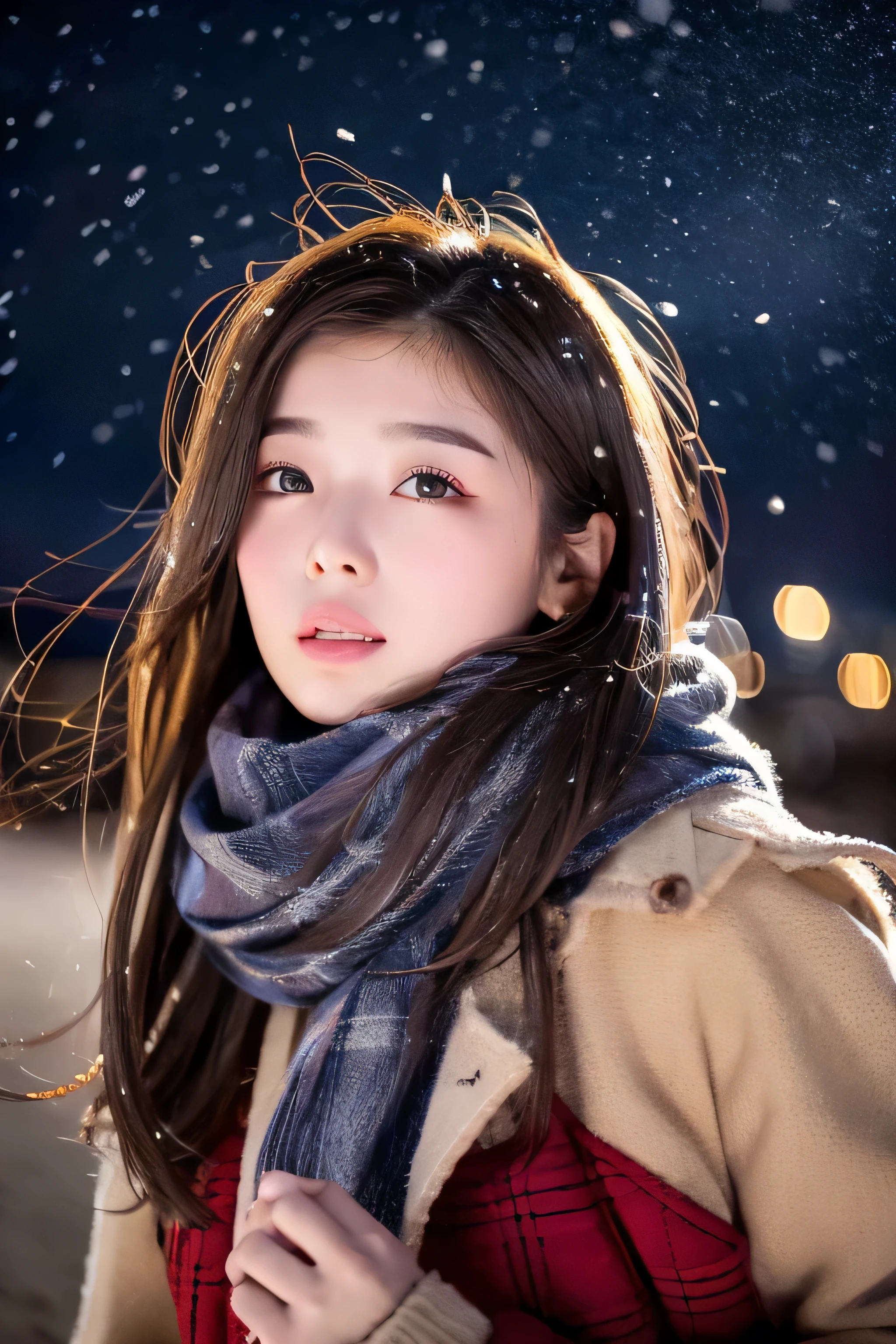 ((hair blowing in the wind、no makeup:1.2))、(realistic、Photoreal、Super detailed、best detailed skins、highest quality、masterpiece、超A high resolution)、cute russian woman、、high school girl、young girl、1 girl、have bangs、ash blonde:1.7、double eyelid、drooling eyes、Japanese style face、purity、realistic skin type、thick muffler、Gray muffler、fluffy hair、((There&#39;hair in scarf:1.3))、red cheeks、The wind is blowing、that&#39;It&#39;s snowing、night、illumination、Lighting from behind、hair blowing in the wind