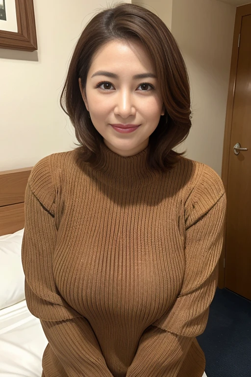最high quality, 8K, lively, sharp focus, high quality, High resolution, middle-aged women, mature woman, 49 years old, (Full body Esbian), (Facial details in high heels, highly detailed eyes, thick lips, plump body shape、plump face、((big breasts 1.8))、((Light brown knitted sweater))、Love hotel room、random hairstyle、gentle smile、A gaze that seduces viewers、