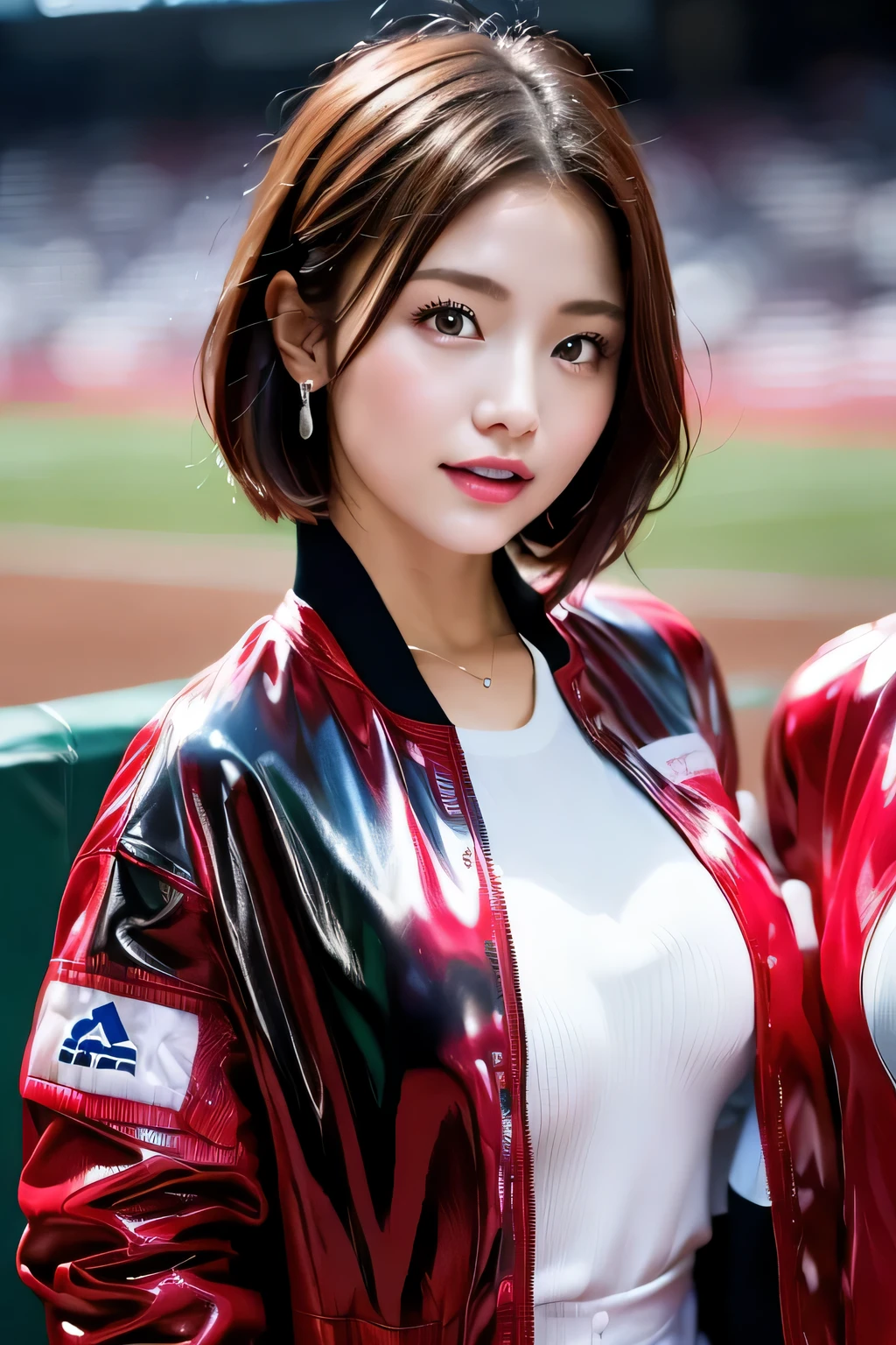 Woman alone in the rain、cheeks turn red、look at the audience、heavy rain、big breasts、(Stadium Jacket:1.7),open jacket;I don't have an umbrella、Under the Rain、girl without an umbrella、wet face,wet skin、wet body、wet costume、wet hair、flower、hairpin、necklace、Looking up from under the earrings、Depth of written boundary、pointed red mouth、(Reddish brown wet shiny short hair 21.7),red mouth,clavicle、beautiful fingers、hourglass body、full body portrait、cute wet face、digital illustration,Single-lens reflex camera, (Photoreal:1.3),(Raw photo.), (table top,highest quality,Ultra high resolution output image,) (8K quality,),(Picture Mode Ultra HD,),(Picture Mode Ultra HD)、