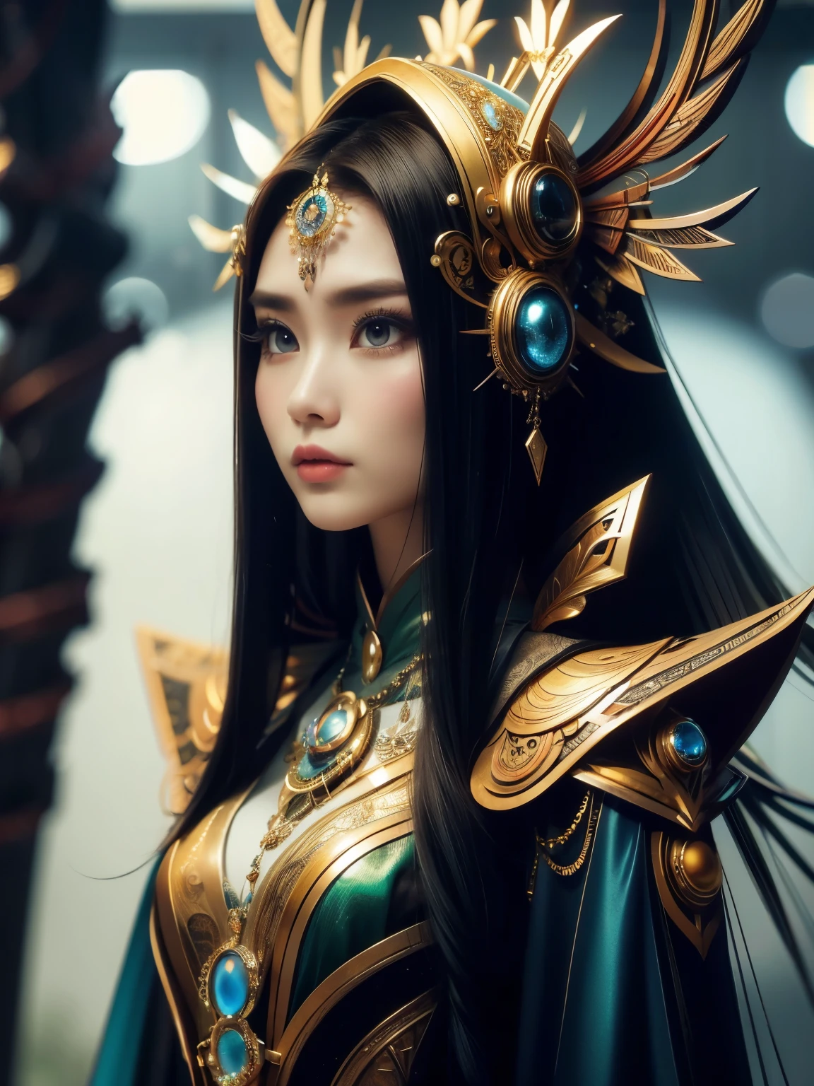 (High quality), (masterpiece), (detailed), 8K, Striking hyper-realistic depiction of a solitary girl, adorned in a fusion of fantasy and futuristic attire. Her clothing blends traditional Indonesian and modern Japanese styles, with intricate patterns and vibrant colors. The setting, a blend of old and new, showcases the rich culture of Indonesia, with a futuristic twist. The girl's expression, captured in exquisite detail, conveys a sense of quiet strength and resilience. The lighting is soft and ethereal, adding to the mystical ambiance.