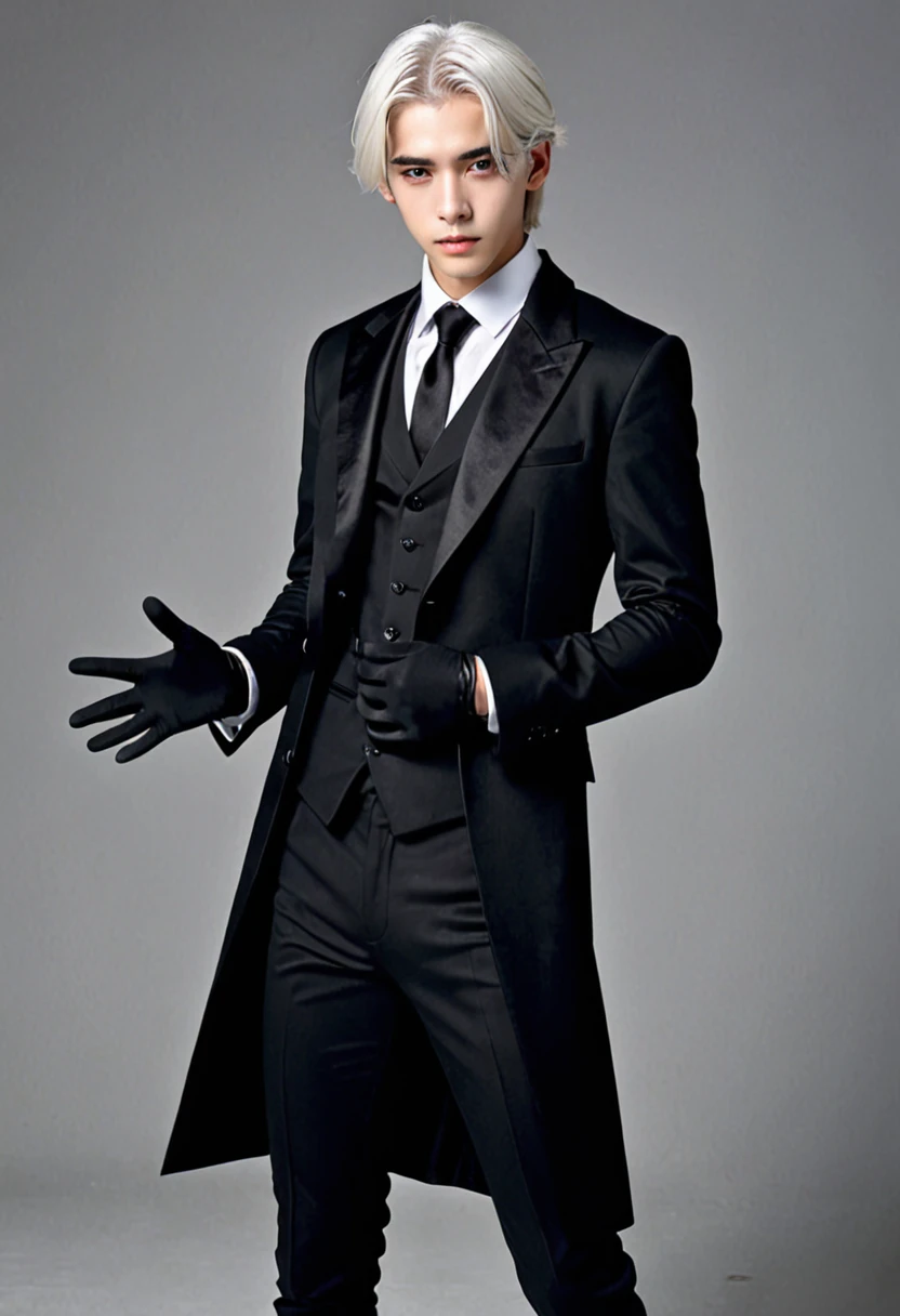 Masterpiece, Improved quality, High quality, Good anatomy, Well-formed hands, Healthy body, Intact fingers, Normal digits, 4k quality image, teen boy, handsome boy, perfect body, full body, perfect boy, white hair,( black shirt, black tie, black vest, long black jacket, black gloves on both hands, empty eyes/black eyes)