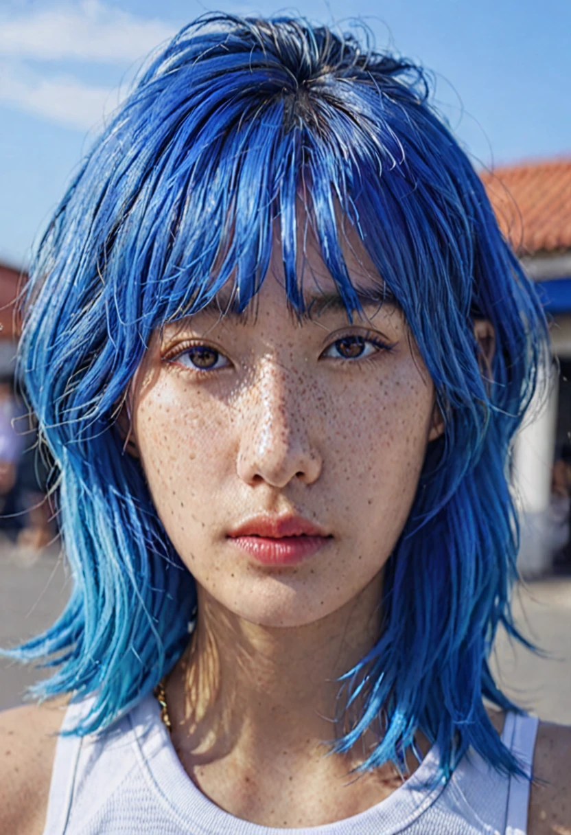 blue hair。 Best Anamorphic Lens Photography 50mm Lens Freckled Woman Close-up。In the background, the morning sun shines on her hair.、background is blurry。fashionable。NIKE sneakers。tanned skin。