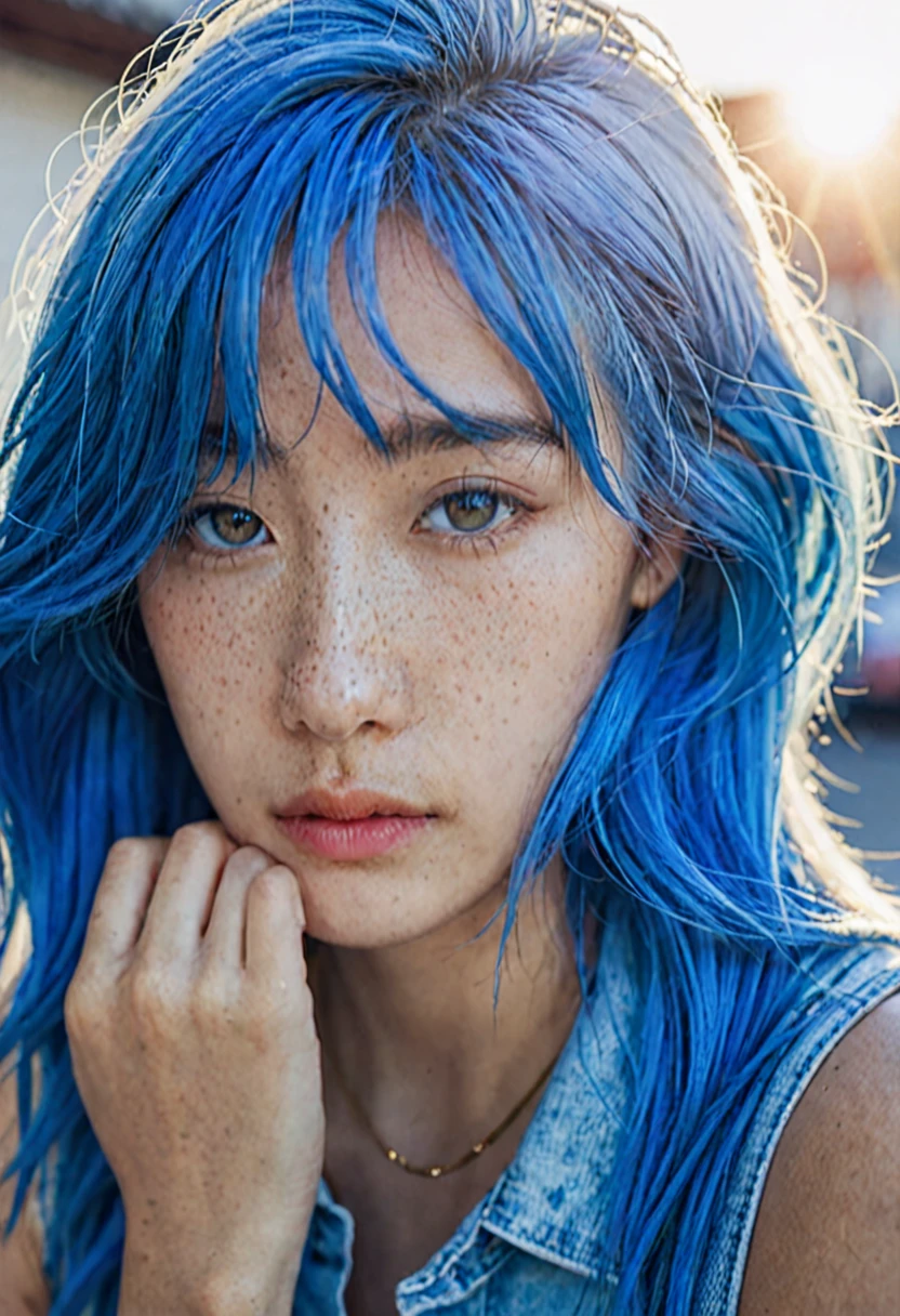 blue hair。 Best Anamorphic Lens Photography 50mm Lens Freckled Woman Close-up。In the background, the morning sun shines on her hair.、background is blurry。fashionable。NIKE sneakers。tanned skin。