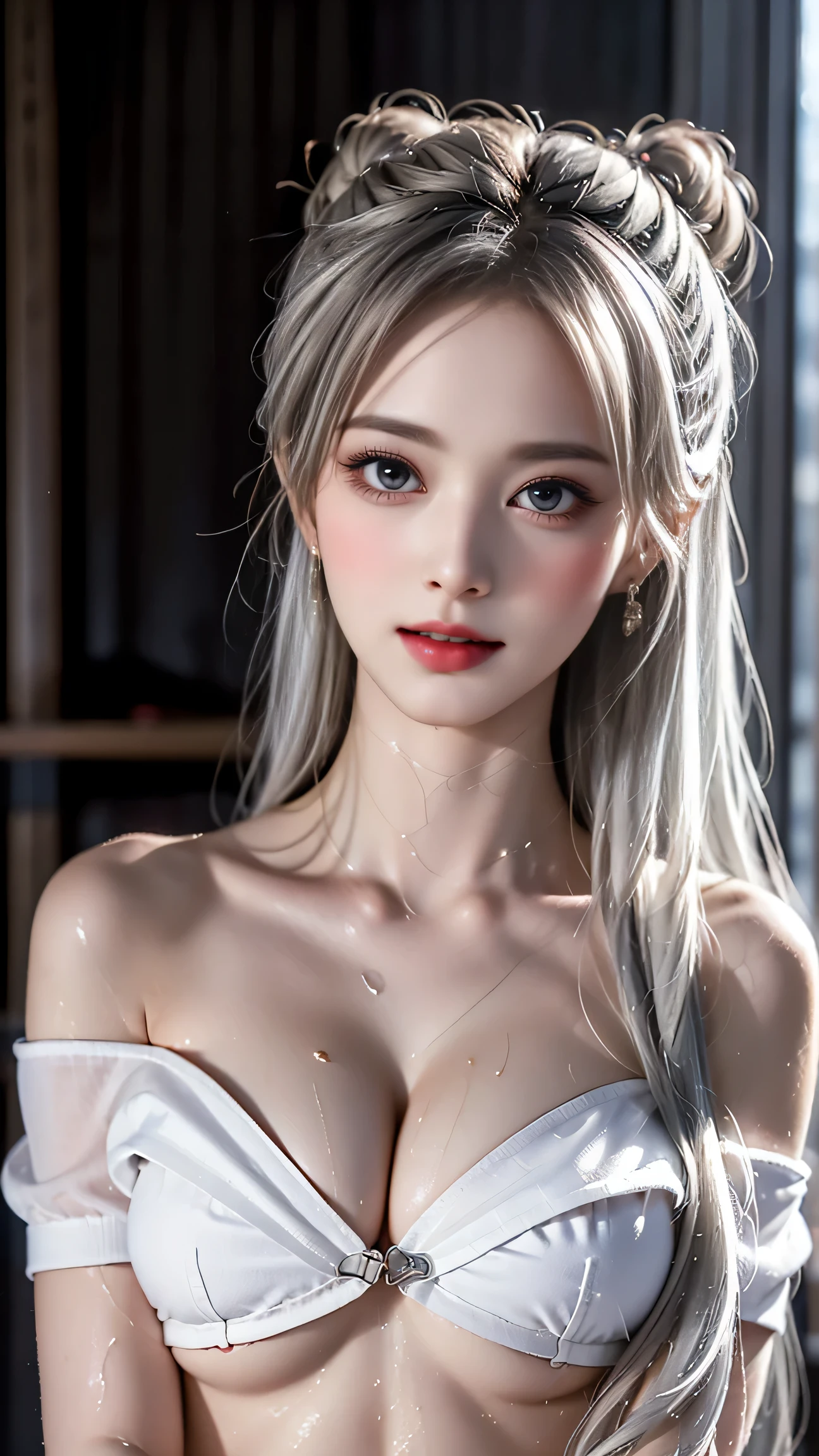 ((Girl showering in the bathroom))、top quality work，Real work，Ultra Premium Graphics，8K HD CG works，High quality graphics，High-definition CG works，super fine details：1.1，Advanced technical details：1.1Photo-realistic，Natural light：1.5. light effect（virtual light effect：1.8），超A high resolution，長いsilver hair，silver hair，transparent hair，high detail hair（premium hair detail：1.1）clear eyes，beautiful double eyelids，sharp eye makeup, delicate eyelash makeup, thin eyebrows, highly detailed eyes，high nose, nice red lips, rose cheeks, A face with delicate makeup , cute face, perfectly proportioned face,（Advanced facial details：1.1），shiny，summer sexy，(((Off shoulder wet semi-transparent white tank top)))、((Wet white panties are visible)),photo shoot，woman&#39;artwork of，full body figure，realism，wonderful，My eyes are shining today、((she is wet))、（nipple),（(Pink nipple is visible through the))，Silver-haired girl，free wallpaper,off shoulder、((nipple))、(puffy eyes:1.２)、 (slim legs),(Light hits your face and chest)、(((((underboob)))))、lower chest、oily skin、skinny、 ((The underside of the chest is slightly visible)),((visible underboob))、(I can see your belly button and ribs)、Hip bones and lower abdomen are visible、