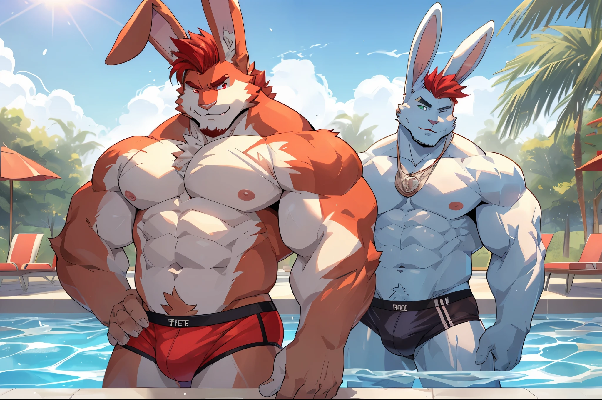 (perfect face, bara furry, rabbit man, big body, light blue skin, short quiff red hair, green eyes, perfect eyes, big rabbit ears, handsome, underwear) at pool with (perfect face, bara furry, rabbit man, big body, white skin, short quiff red hair, red eyes, perfect eyes, big rabbit ears, handsome, underwear)