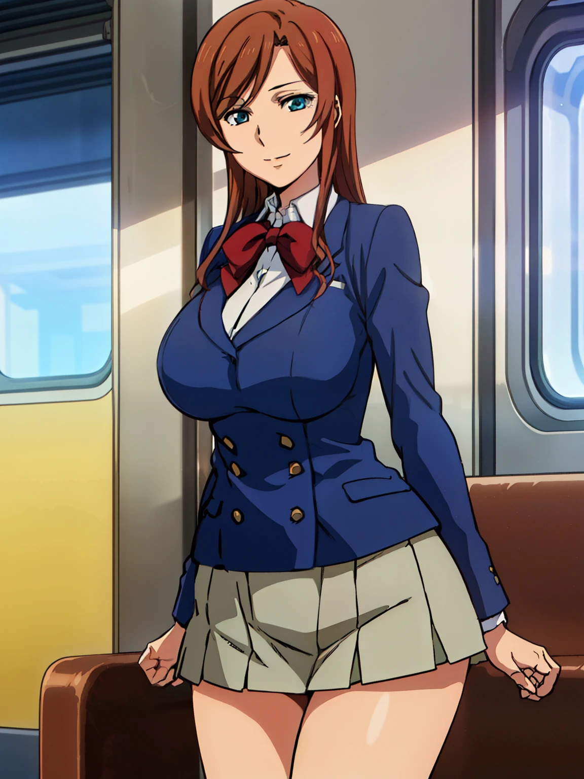 sitting on red train chair, crowd people, blue jacket, blue suit , red bow tie, (blue pleated skirt), white shirt, (inside train background), sunny, Kamiki Mirai, mature woman, anime cels style, best quality, high resolution, 1girl, (huge breasts:1.2), beautiful face, Beautiful Finger, Beautiful long legs, Beautiful body, Beautiful Nose, Beautiful character design, brown hair, Long hair, bangs, blue eyes, looking at viewer, cowboy shot, smiling